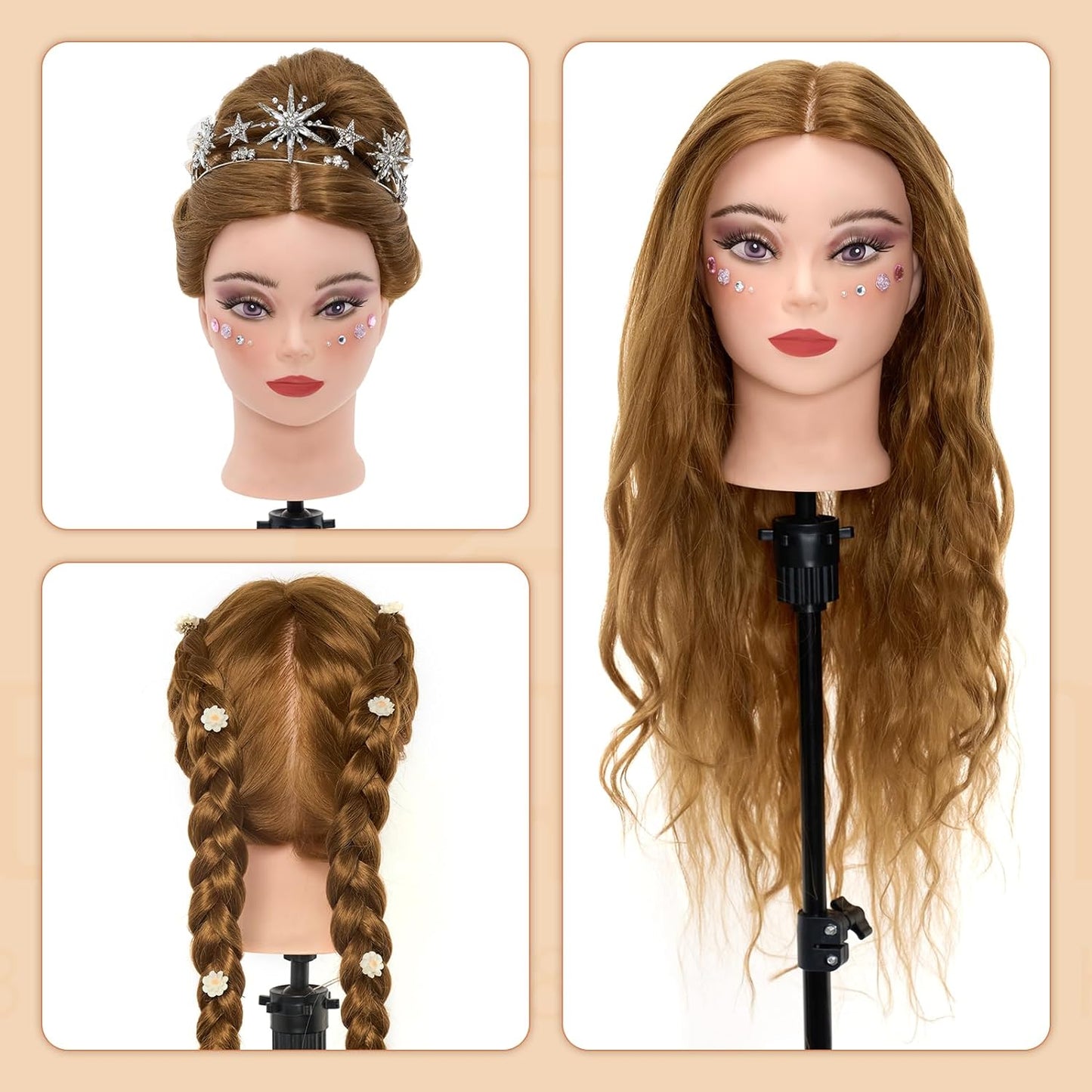 Mannequin Head with 60% Real Human Hair, 28 Inch Make up Cosmetology Manikin Practice Head with Hair,Braiding Hairdressing Doll Head for Hair Styling with Table Clamp + DIY Hair Styling Set