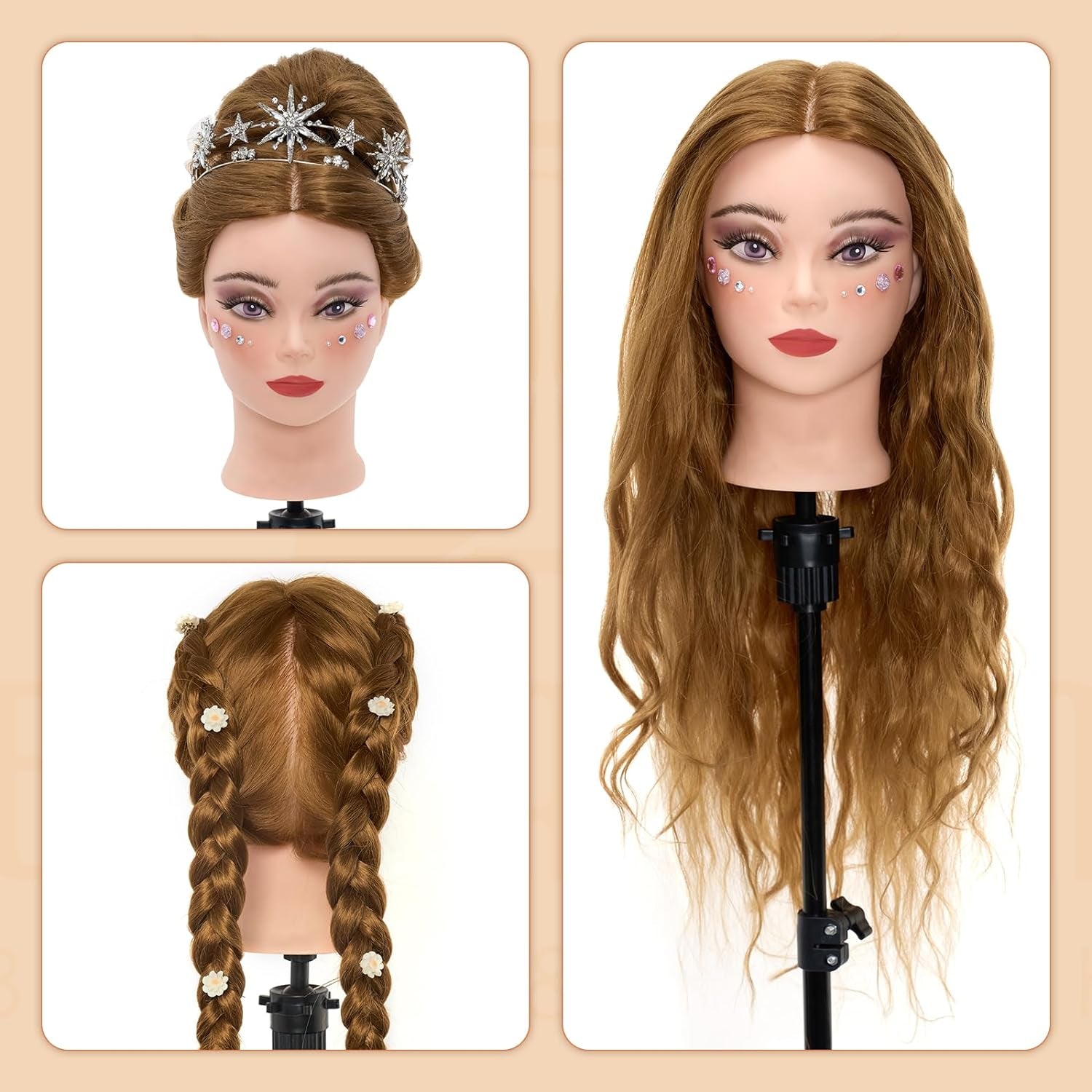 Mannequin Head with 60% Real Human Hair, 28 Inch Make up Cosmetology Manikin Practice Head with Hair,Braiding Hairdressing Doll Head for Hair Styling with Table Clamp + DIY Hair Styling Set