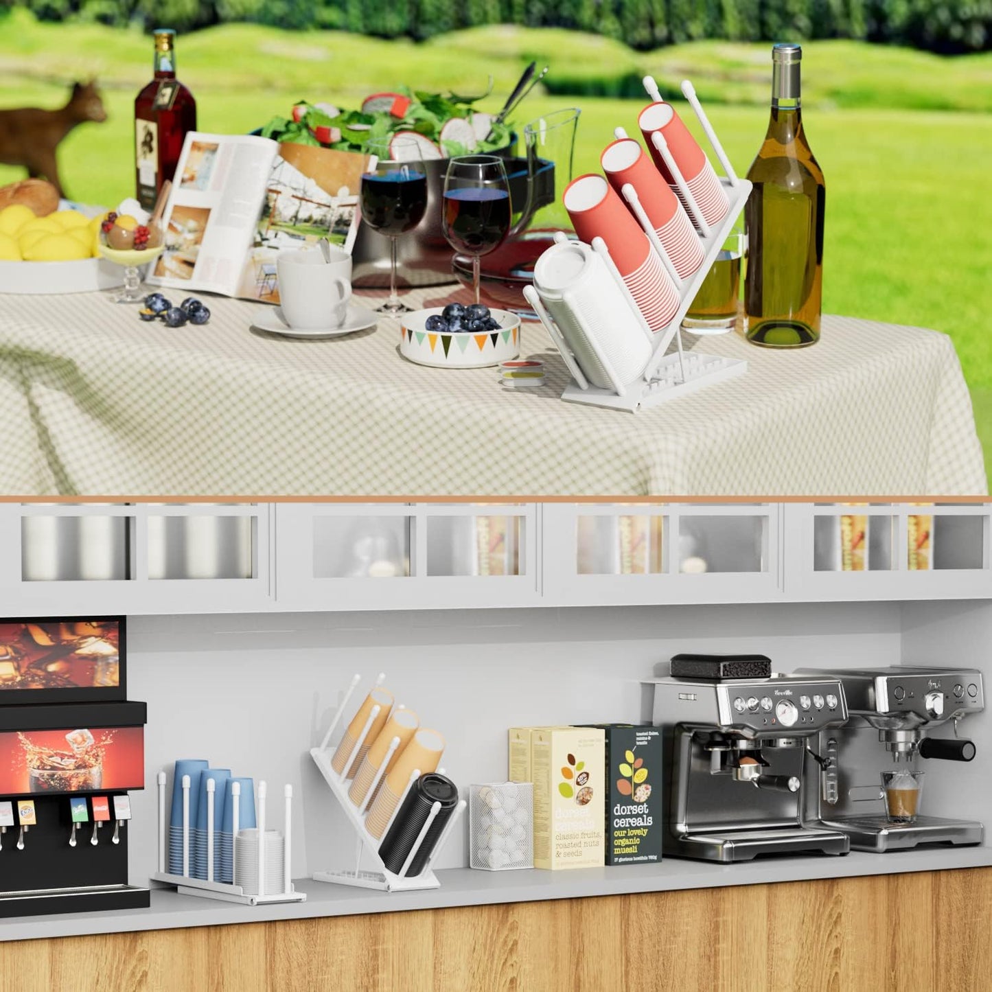 Cup and Lid Holder - Adjustable Coffee Cup Holder Organizer 4 Compartment Disposable Cup Dispenser with Mesh Basket for Coffee Pod Straw Storage Metal (White)