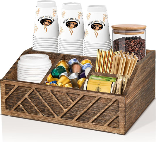 Coffee Bar Organizer for Coffee Bar Accessories, Wood Coffee Station Organizer for Countertop, Farmhouse Coffee Pod Syrup Holder Organizer, Coffee Bar Condiment Organizer for Coffee Bar Decor (Brown)