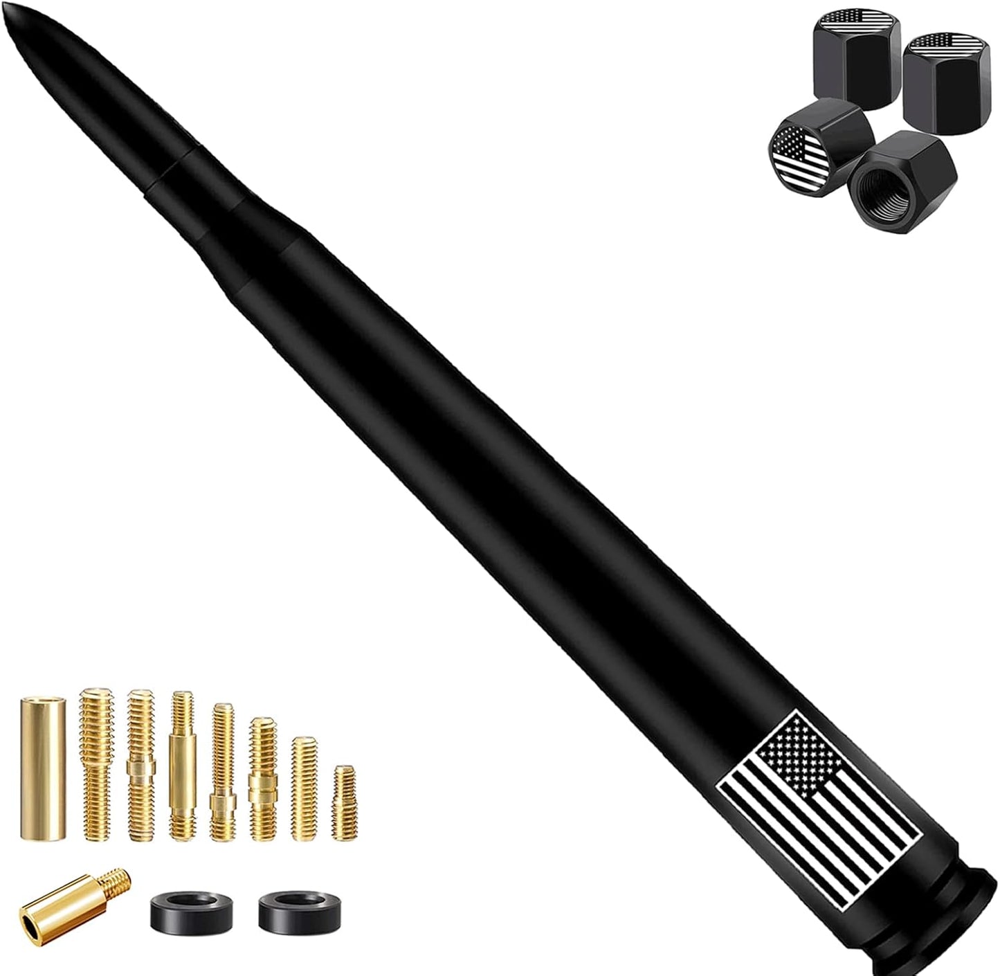 American Flag Car Truck Antenna with Valve Stem Caps, Universal Mast for GM Chevy Silverado 1500 2500 3500 HD Avalanche Ford F150 F250 F350 Denali Heavy Duty Pickup Trucks Accessories (Black)