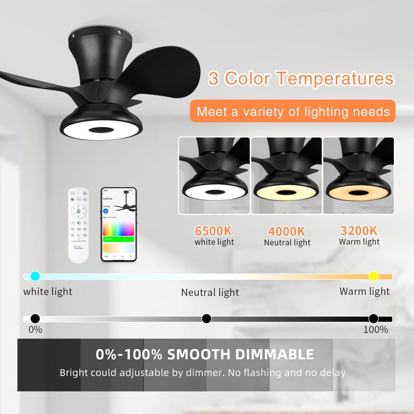 Smart Wifi Flush Mount Ceiling Fan with Lights,Bluetooth Ceiling Fan with Speaker and Remote/App/Alexa Control,Dimmable RGB Light,Low Profile 6 Speeds Reversible Blades for Bedroom Kitchen Living Room