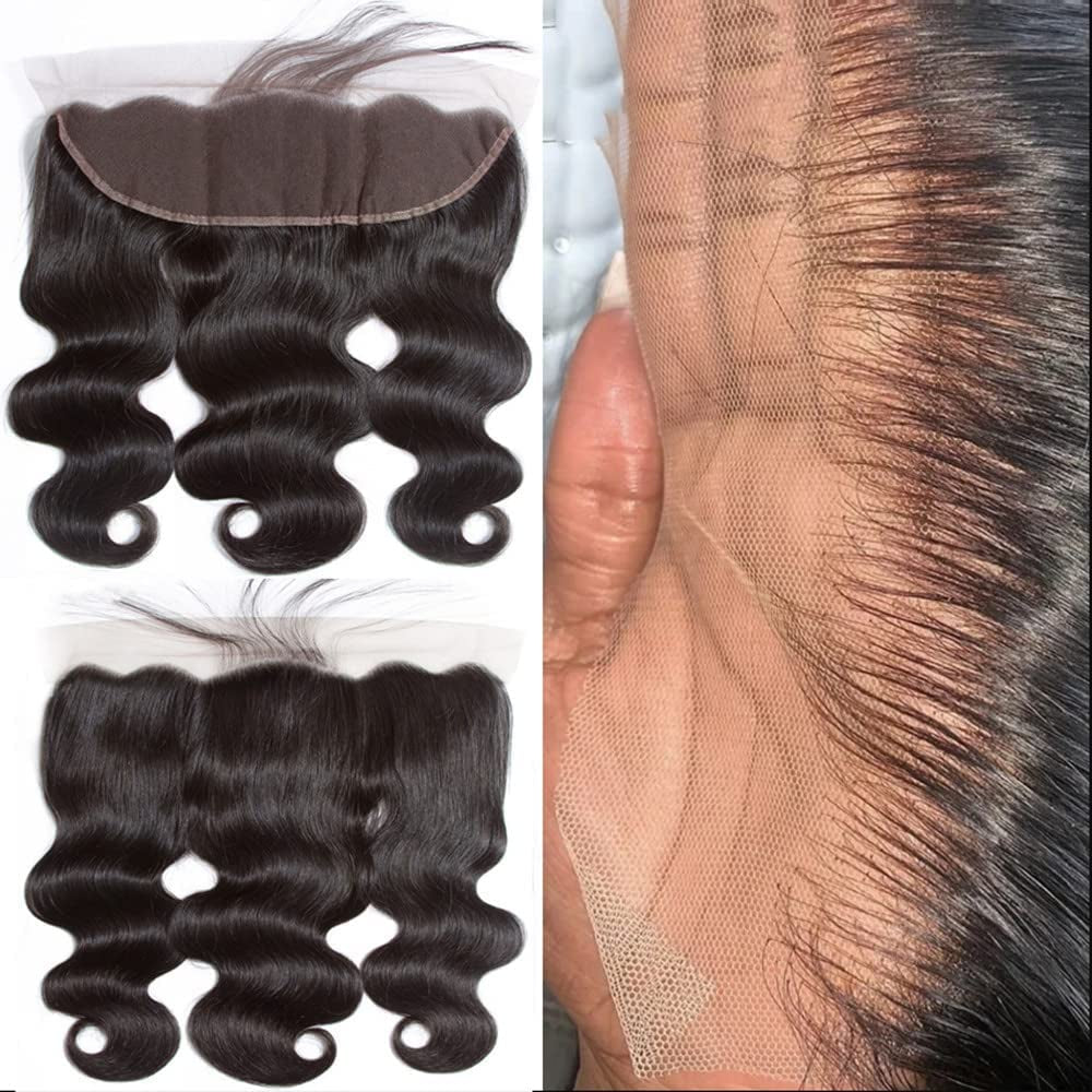 12A Free Part Ear to 13 X 4 Lace Frontal Closure Body Wave Transparent Frontals with Bangs Baby Hair Knots Can Be Bleached 100% Virgin Remy Human Natural Color (12, 13X4 Frontal)