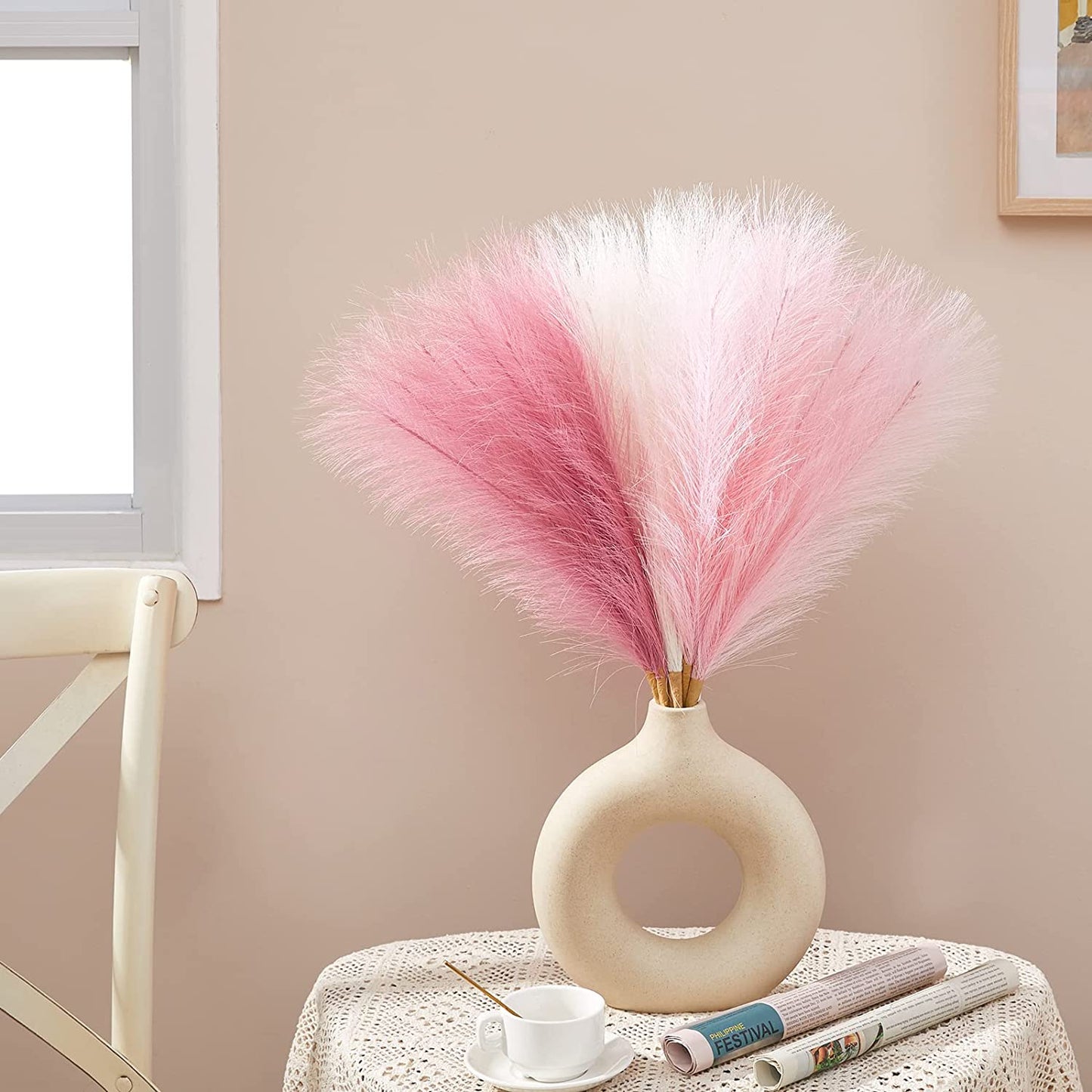 Pampas Grass Pink Decor 17.7 Inch 6Pcs, Faux Pampas Grass Home Decor, Artificial Pampas Grass Blush Fake Pampas, Short Vase Room Christmas Decoration