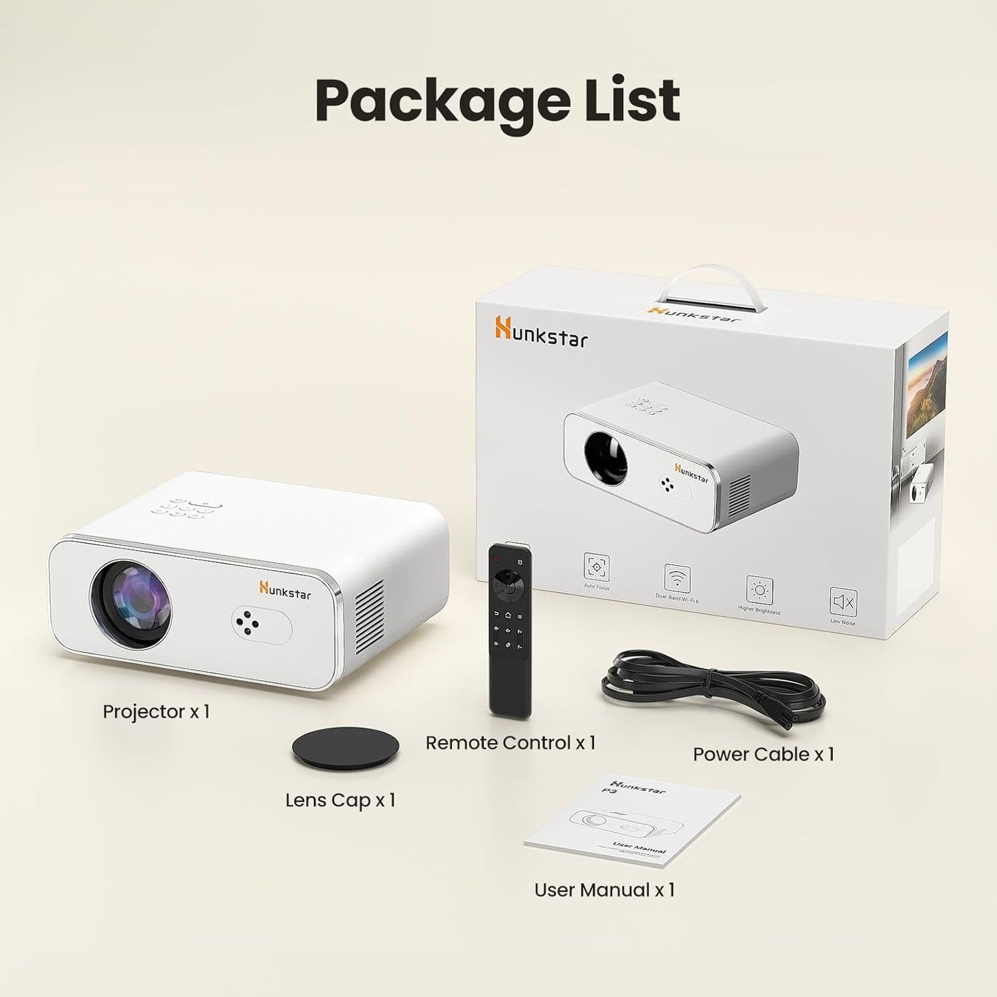 Mini Projector, 4K Support Projector with Wifi 6 and Bluetooth 5.2, 1000 ANIS Portable HD1080P Home Video Projector with Auto Focus, Suitable for Family Gatherings, Various Festivals (White)