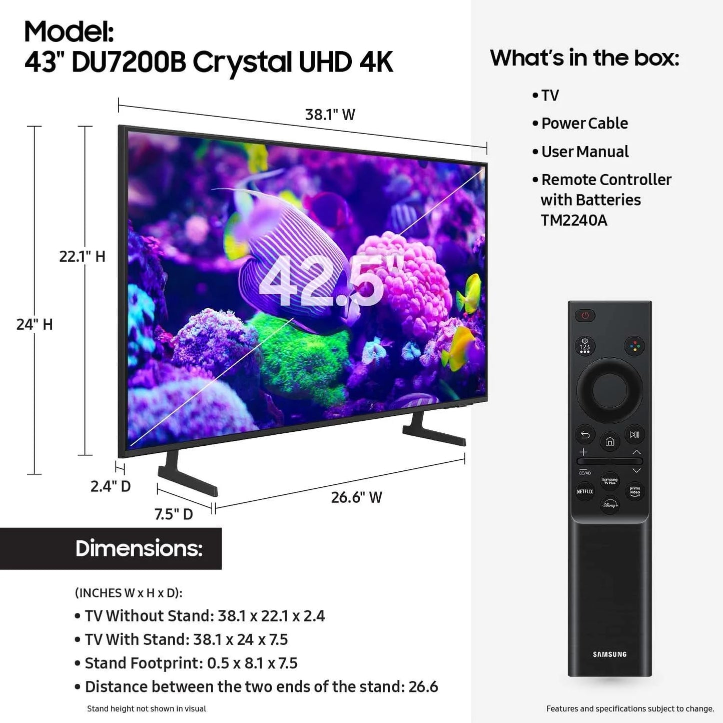 SAMSUNG 43-Inch Class DU7200B (2024) Crystal UHD 4K Smart Tizen TV Slim Look | Purcolor | Mega Contrast | Motion Xcelerator | Q-Symphony-Only | UN43DU7200BXZA (Renewed)