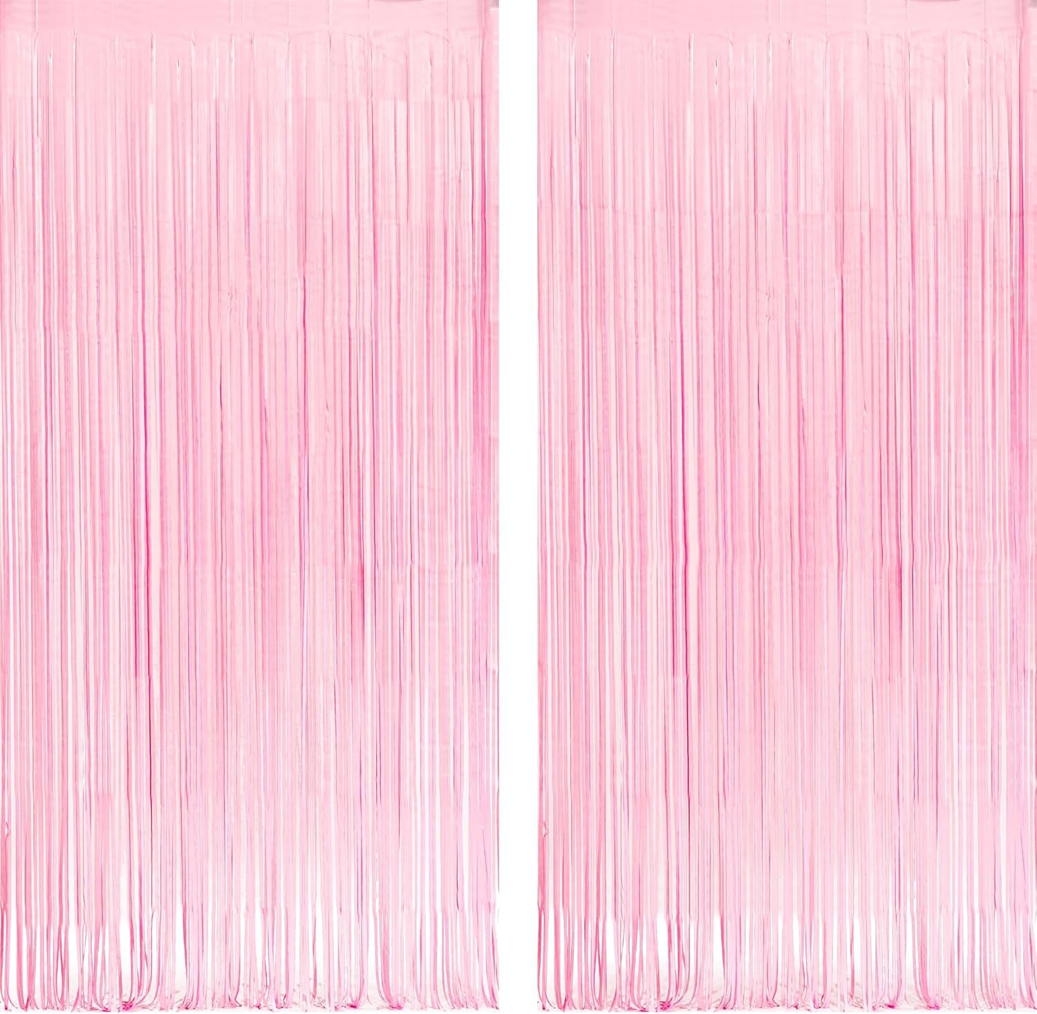 Pastel Pink Party Backdrop Decoration -  Baby Pink Foil Fringe Streamers for Baby/Boo Day/Valentines/Cowgirl/Sweet/Cloud/Unicorn/Princess/Bow Themed - 3.2Ft X 8.2Ft - 2 Packs