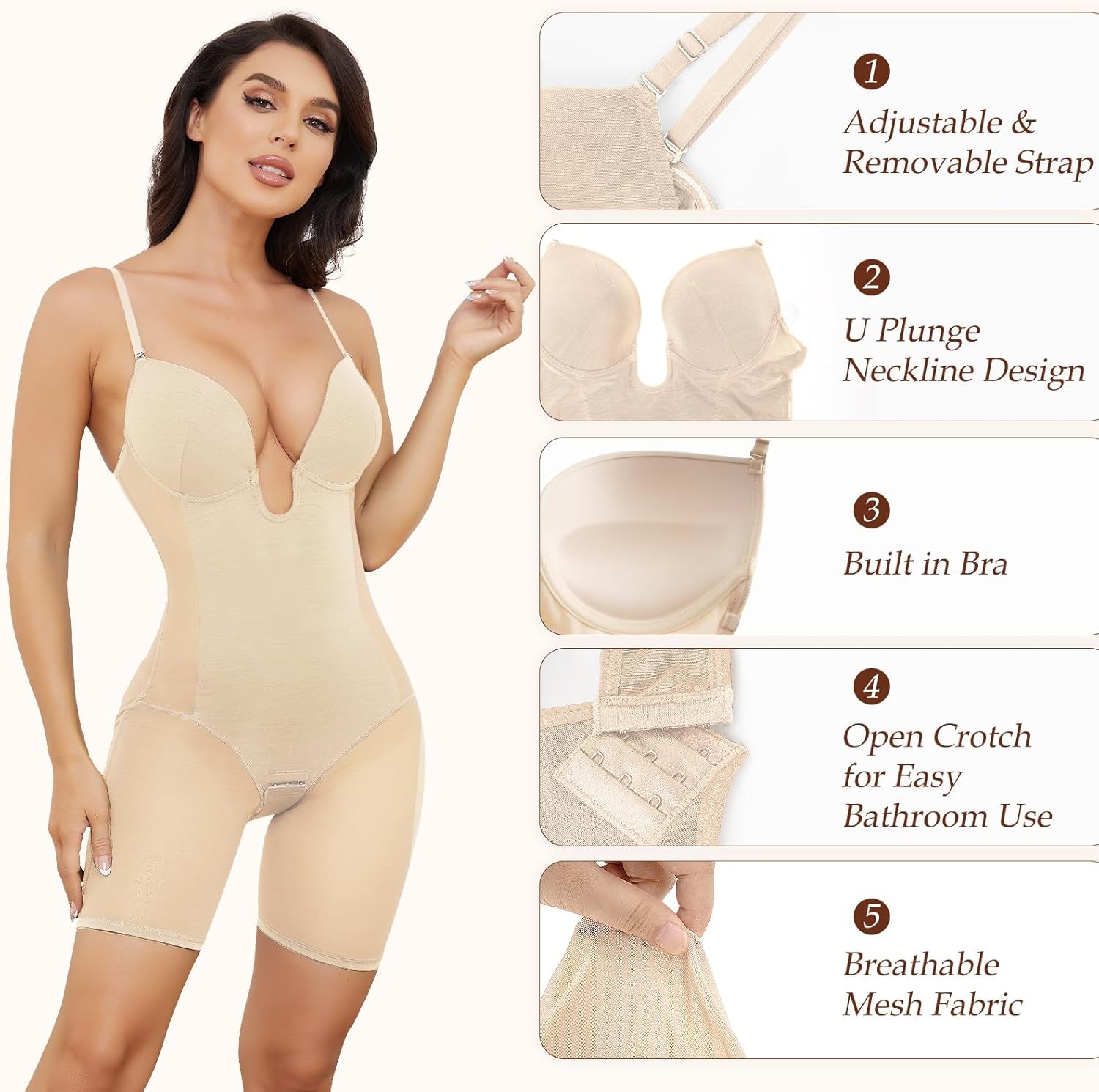 Body Shaper for Women Tummy Control U Plunge Backless Full Body Shapewear Mid Thigh Mesh Strapless Bodysuit Top