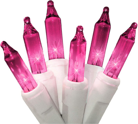 50 Pink Christmas Lights on a White Wire String, UL Approved, Indoor and Outdoor Use, 9 Foot of Lighted Length, 11 Foot of Total Length