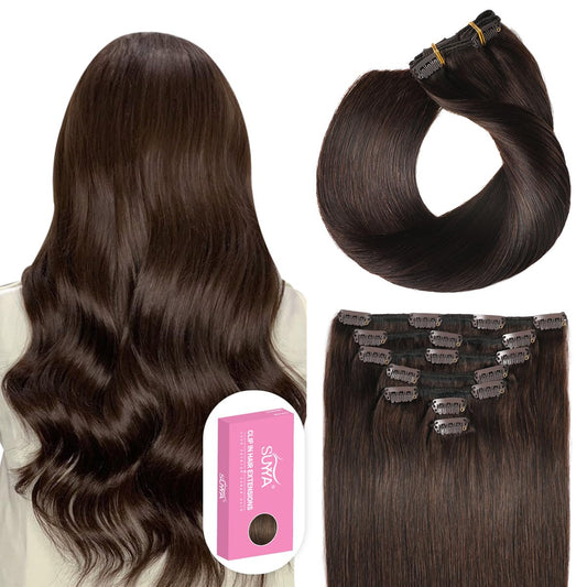 Clip in Hair Extensions Real Human Hair,Human Hair Clip in Extensions Straight Human Hair Clip Ins Double Weft Hair Extensions Clip Ins 7Pcs 120G (16 Inches #2 Darkest Brown)