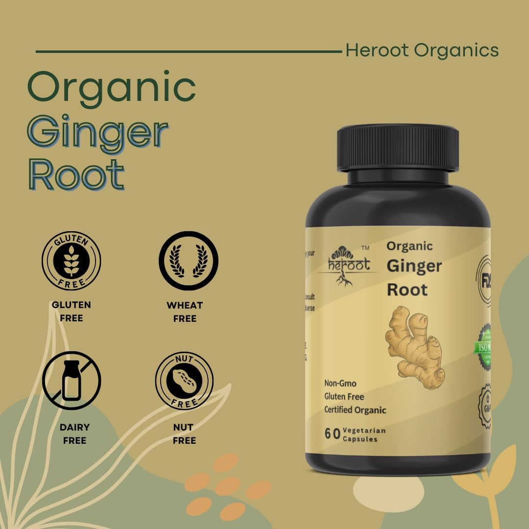 Organic Ginger Root 400Mg (Zingiber Officinale) Organic Ginger Root Capsules | Pure Ginger Powder per Serving | 60 Vegan Capsules TLBH