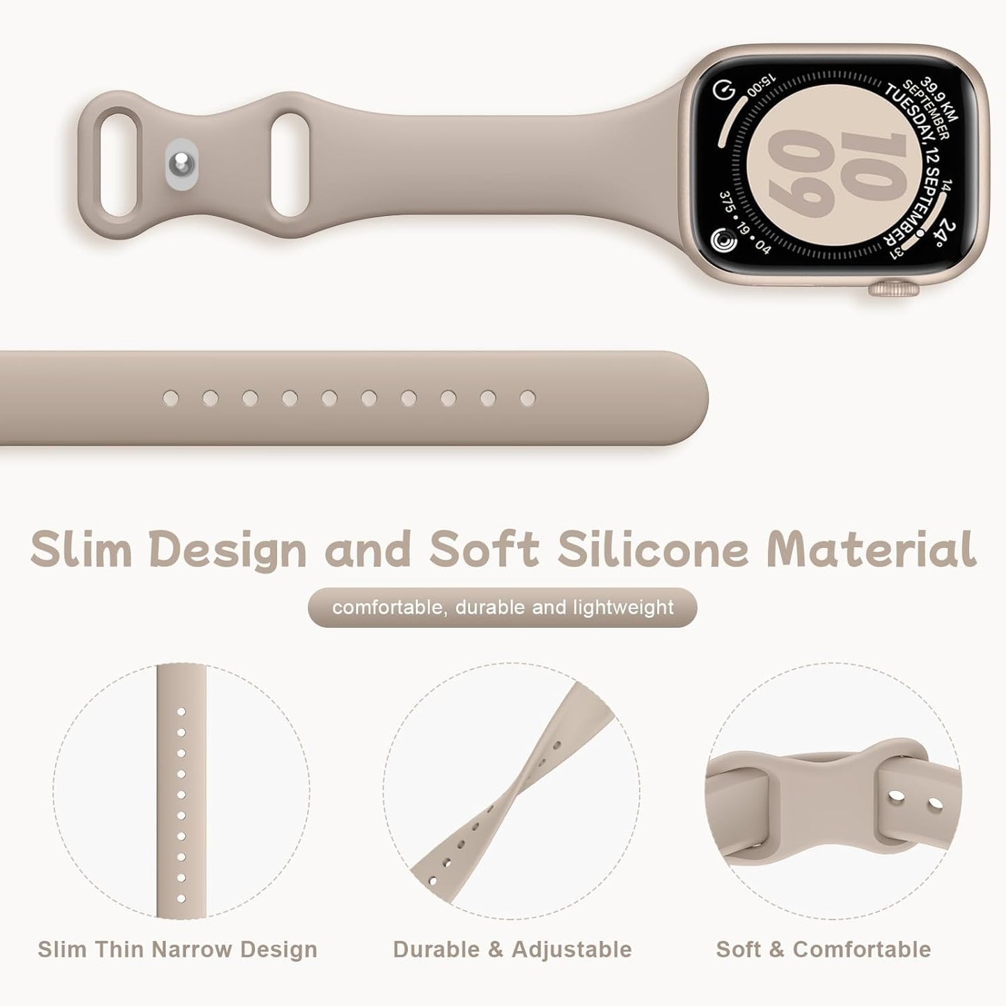 Patenting Thin Slim Sport Band Compatible with Apple Watch Bands for Women Men 40Mm 41Mm 38Mm 42Mm 44Mm 45Mm 46Mm 49Mm, Soft Silicone Waterproof Strap for Iwatch Series 10/9/Se/8/7/Ultra/6/5/4/3/2/1