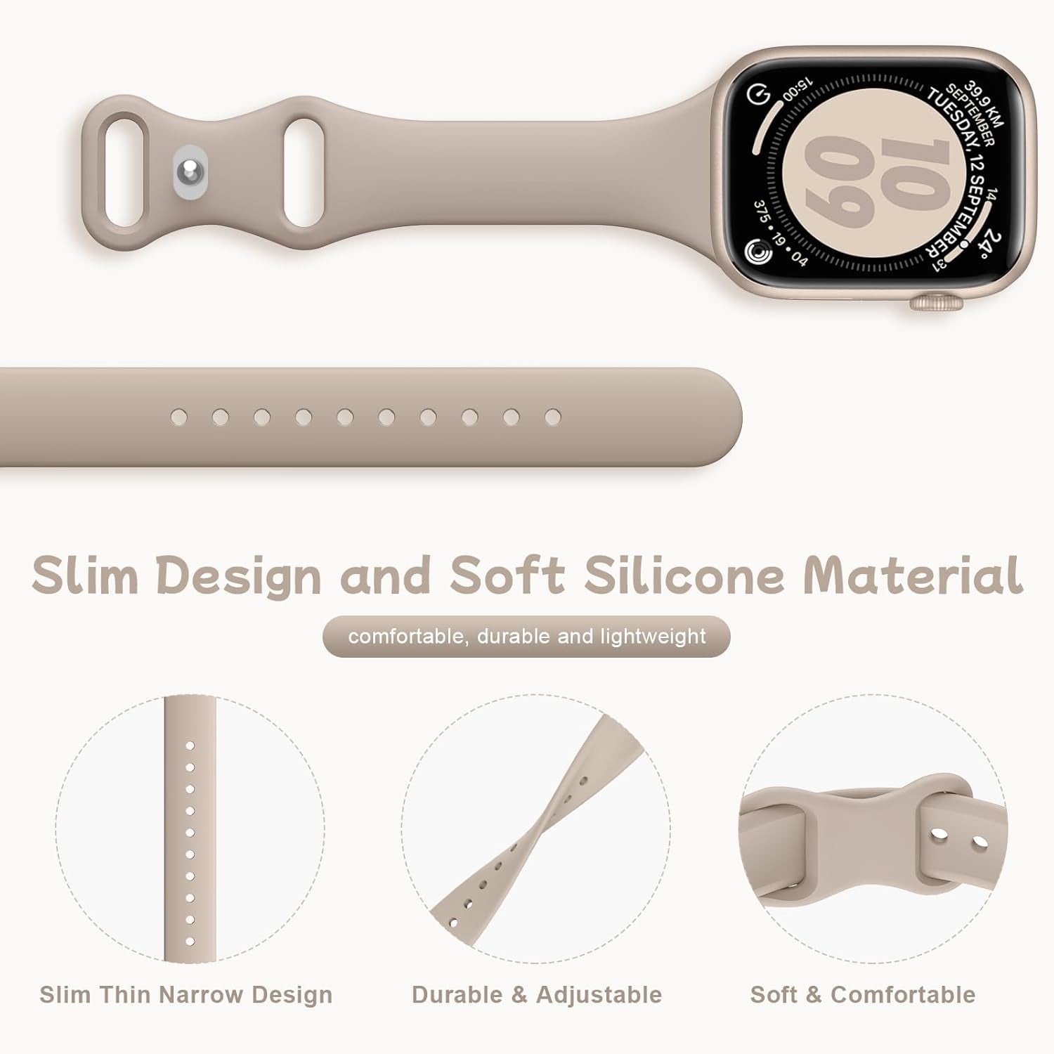 Patenting Thin Slim Sport Band Compatible with Apple Watch Bands for Women Men 40Mm 41Mm 38Mm 42Mm 44Mm 45Mm 46Mm 49Mm, Soft Silicone Waterproof Strap for Iwatch Series 10/9/Se/8/7/Ultra/6/5/4/3/2/1