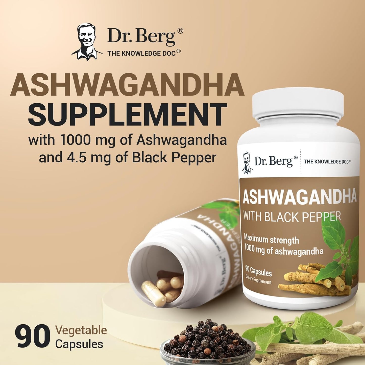 Dr. Berg Ashwagandha Capsules 1000Mg - Includes Ashwagandha Root with Black Pepper from Bioperine - Ashwagandha Supplements 90 Capsules TLBH