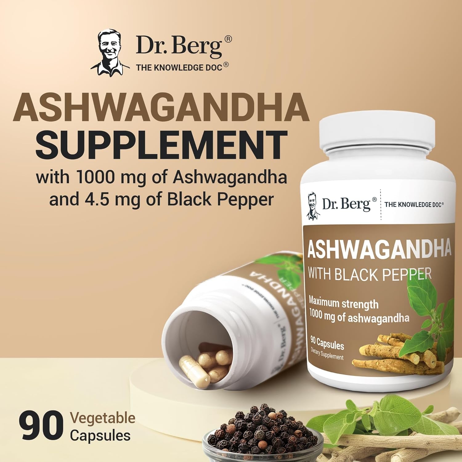 Dr. Berg Ashwagandha Capsules 1000Mg - Includes Ashwagandha Root with Black Pepper from Bioperine - Ashwagandha Supplements 90 Capsules TLBH