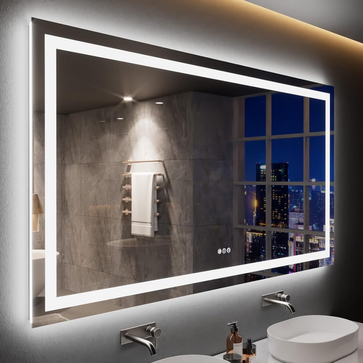 60”X30“ RGB LED Bathroom Mirror with Lights for Bathroom, Anti-Fog, Dimmable，Multiple Light Modes, RGB Backlit + Front Light, Memory Function, Tempered Glass