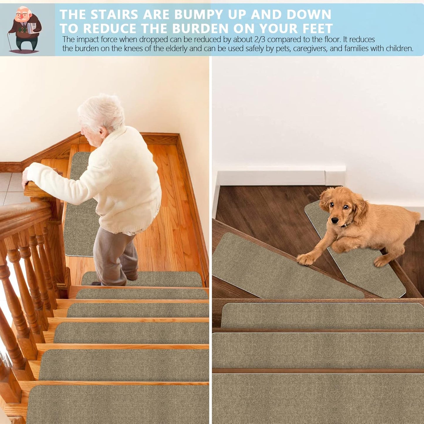 8" X 30" (15 in Pack) Non-Slip Stair Treads Carpet for Wooden Steps, Self-Adhesive Stair Treads Mat, Safety Indoor Stair Runner Mats, anti Slip Stair Rugs for Kids Elders and Dogs，Moca