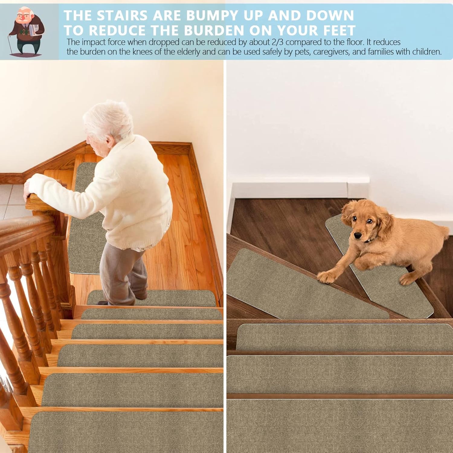 8" X 30" (15 in Pack) Non-Slip Stair Treads Carpet for Wooden Steps, Self-Adhesive Stair Treads Mat, Safety Indoor Stair Runner Mats, anti Slip Stair Rugs for Kids Elders and Dogs，Moca