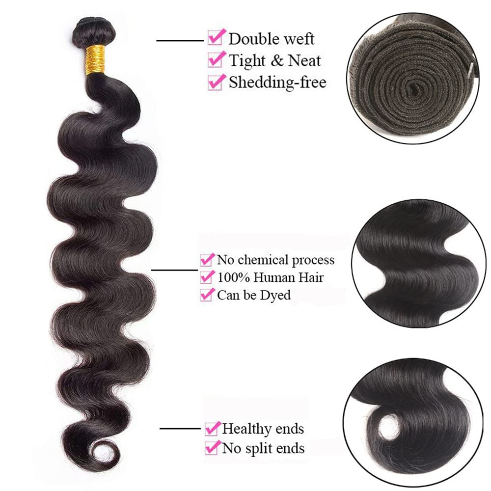 26 28 30 Inch Human Hair Bundles Body Wave 3 Bundles 100% Unprocessed Brazilian Hair Weave Bundles Body Wave Human Hair Bundles Natural Black Color 300G