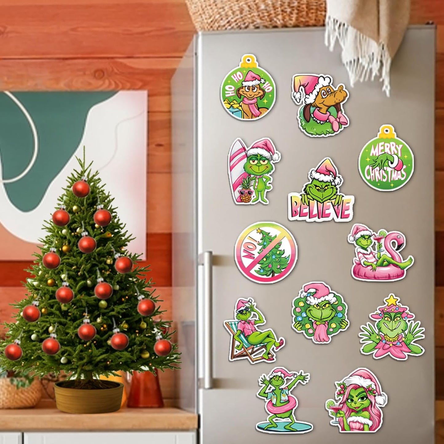 12 PCS Christmas Cartoon Refrigerator Magnets Decoration, Pink Xmas Tree Max Dog Fridge Car Garage Door Magnetic Stickers, Winter Funny Holiday Waterproof Dishwasher Decals Home Kitchen Decor