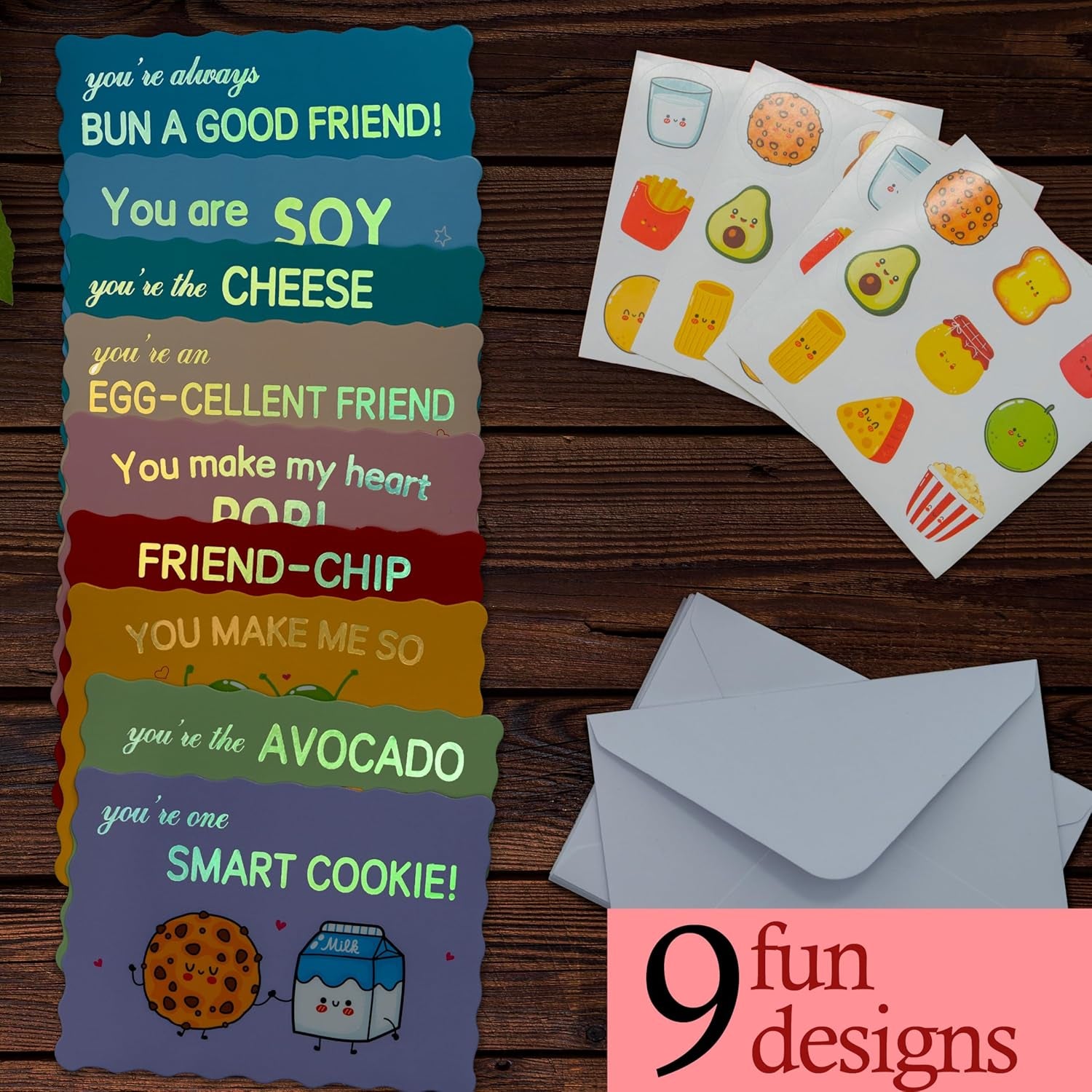 36 Pack Gold Foil Valentines Day Cards for Kids School, 9 Assorted Designs with Envelopes & Cartoon Scented Strawberry Stickers, Great for Boys & Girls Classroom Activities
