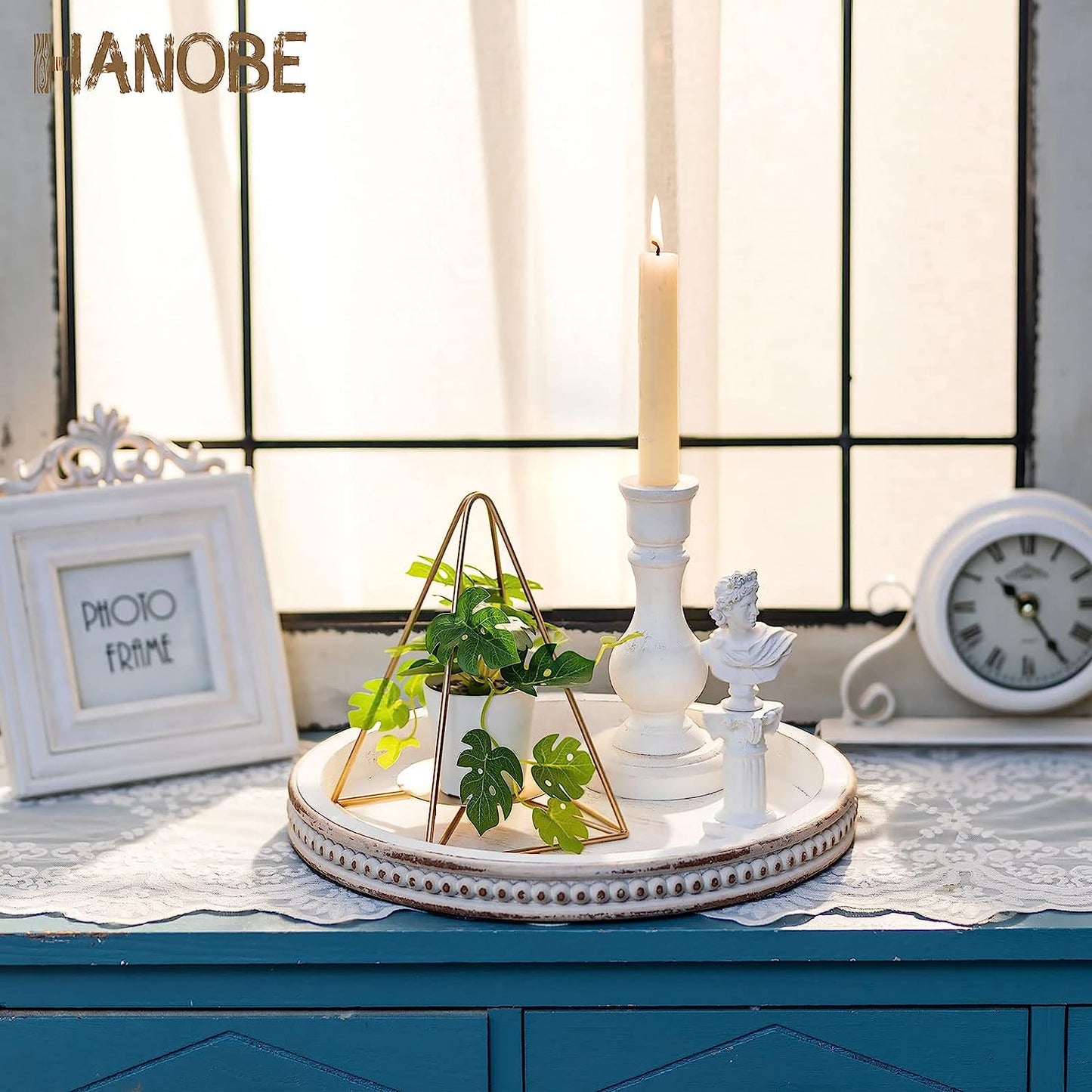 Decorative Serving Tray Wood: White Washed Bead round Tray Decor for Coffee Table Rustic Wooden Trays Farmhouse Centerpiece for Living Room Kitchen Counter