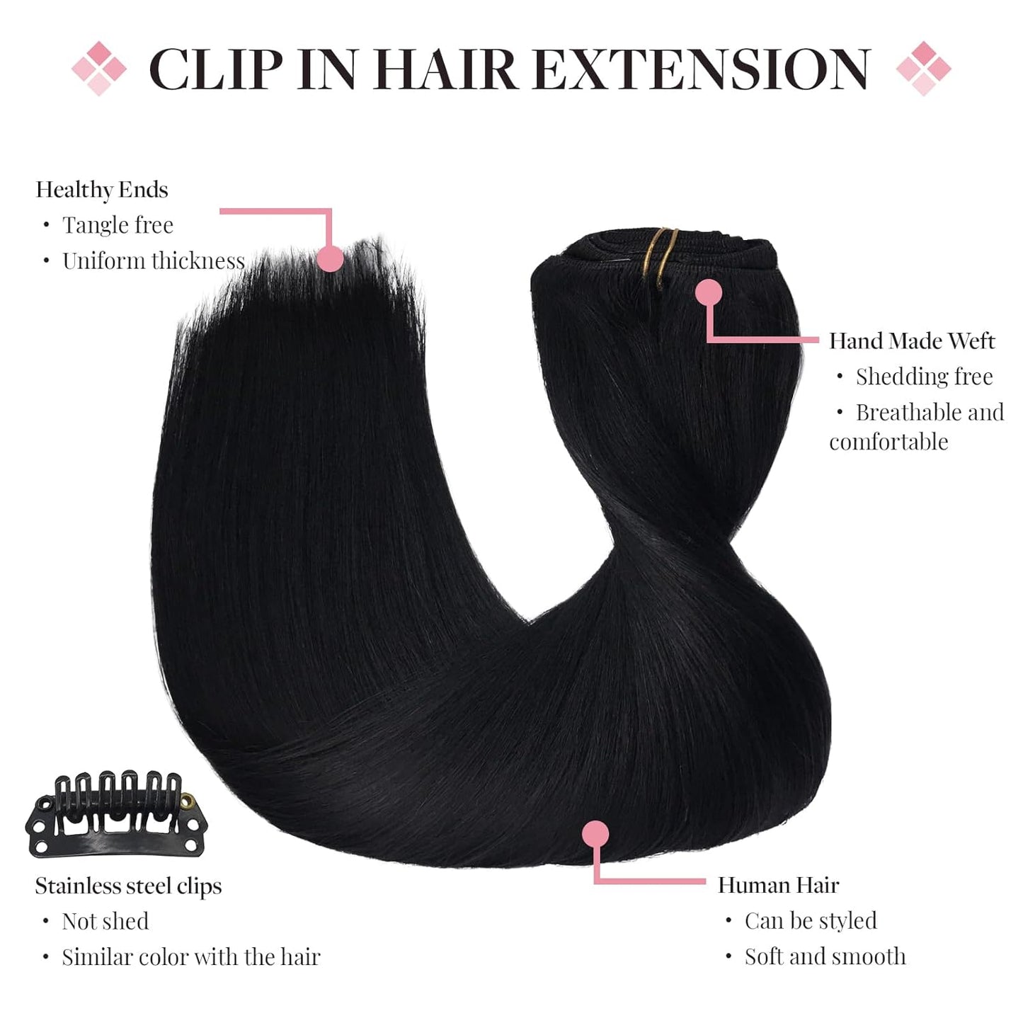 Hair Extensions Clip in Real Human Hair  Remy Clip in Hair Extensions Real Human Hair Long Straight Hair Extensions Natural Hair for Woman (#1 Jet Black, 16)