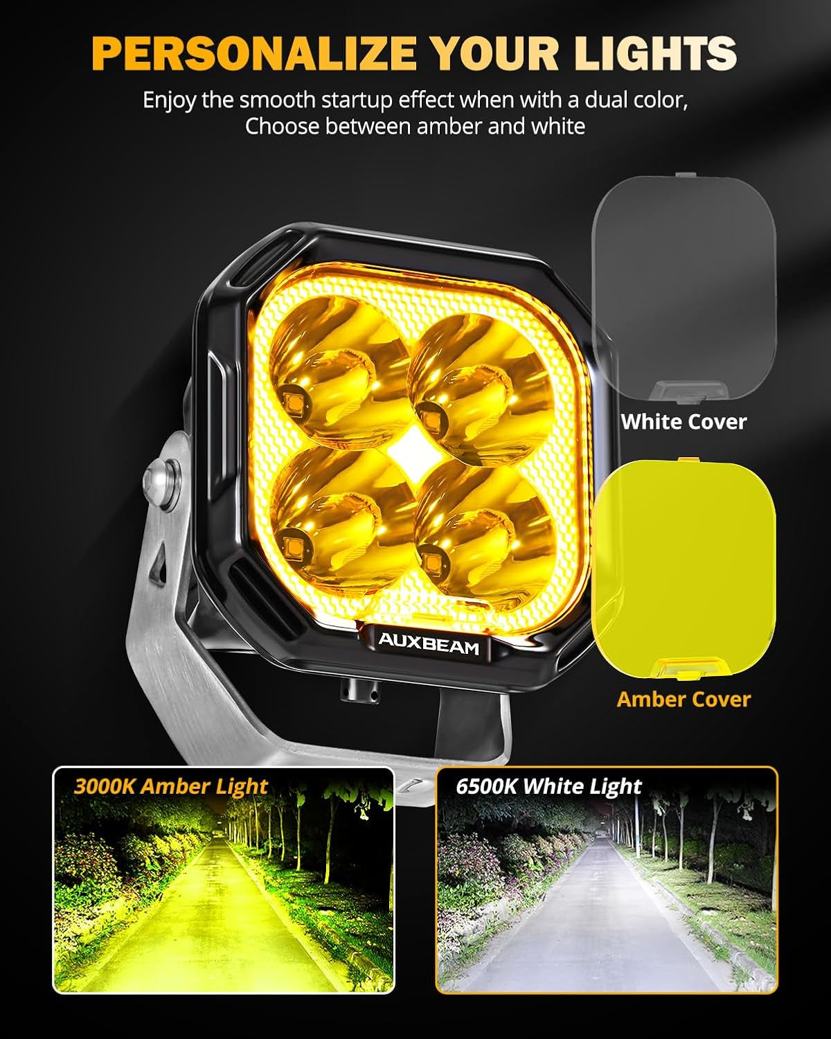 Color Play Series 3 Inch LED Pod Lights, 100W 11600LM Amber White LED Cube Spot Light Offroad Driving Ditch Lights with DRL & Turn Signal, Fog Lights for Trucks Jeep Ford UTV ATV, Pair