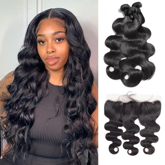Body Wave Bundles with Frontal 100% Brazilian Virgin Human Hair Bundles with Frontal Closure 12A Unprocessed Body Wave Weave 3 Bundles Human Hair with Frontal 13X4 HD Lace (18 20 22+16)