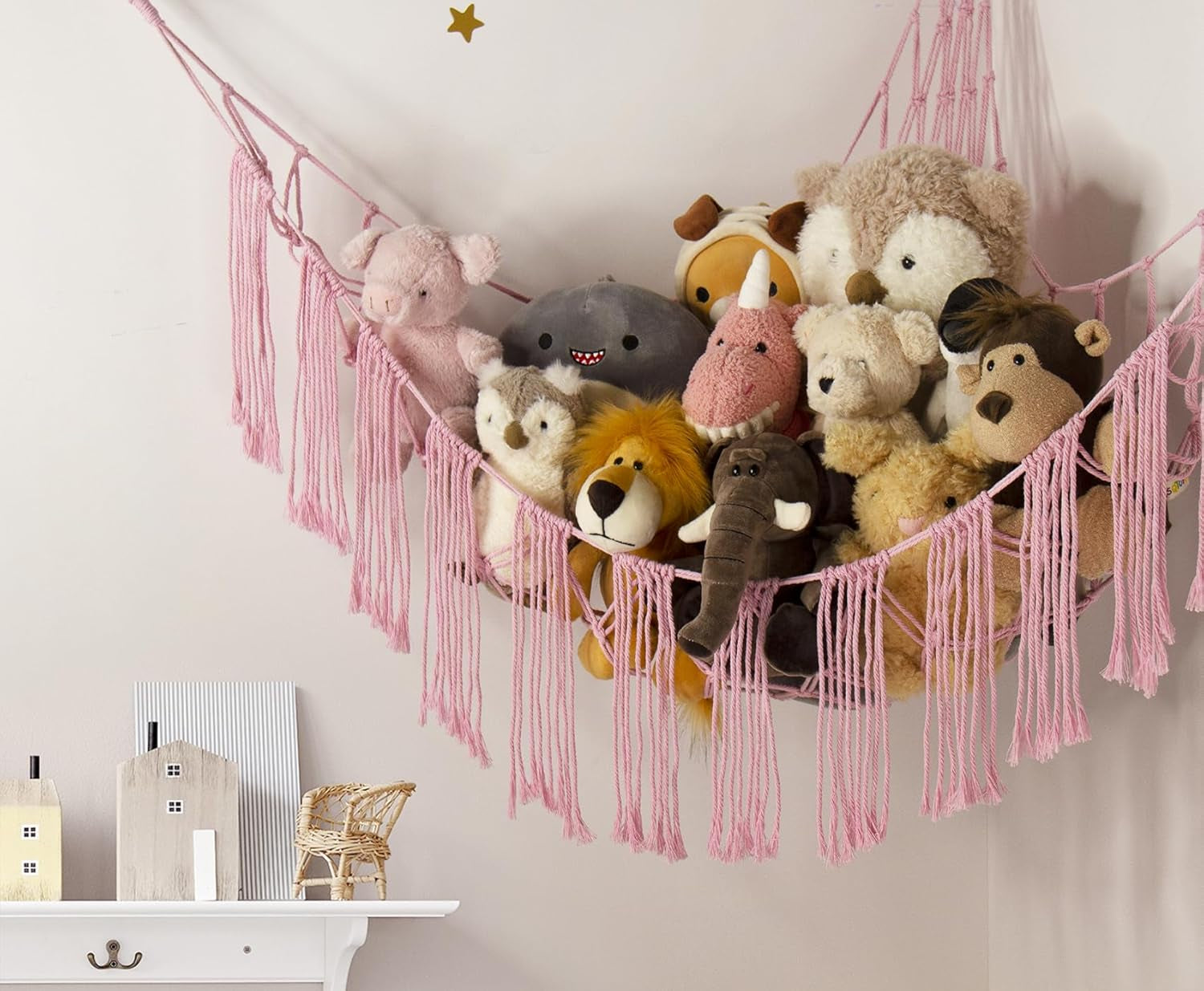 Stuffed Animal Hammock Corner with LED Light - Toy Storage Hammock Plushie Net Hanging Organizer - Pink Room Decor for Teen Girls - Cute Bedroom Aesthetic Nursery Kids Baby Toddler