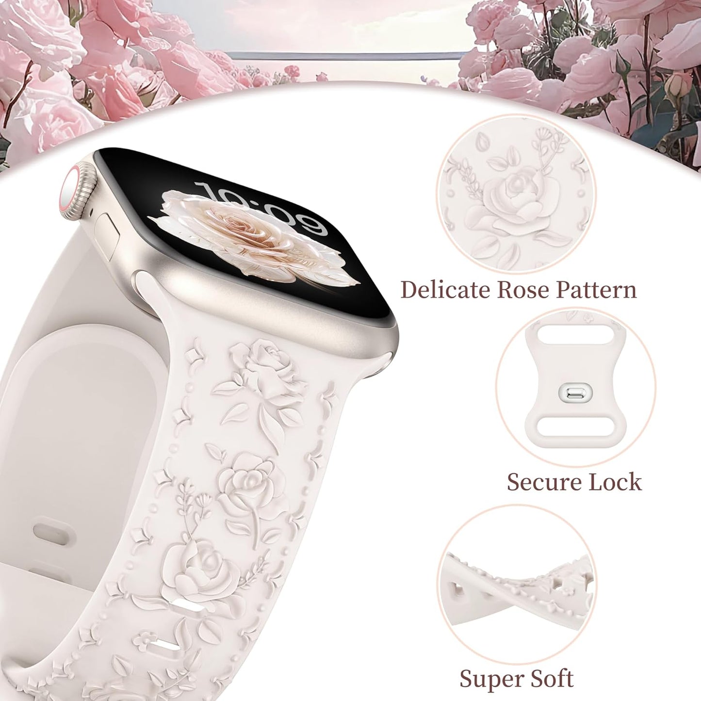 2 Pack Floral Silicone Band for Apple Watch Bands 41Mm 40Mm 42Mm(S10) 38Mm Iwatch Bands Series 10 9 8 7 SE 6 5 4 3 for Women, Cute Fancy Dressy Engraved Strap