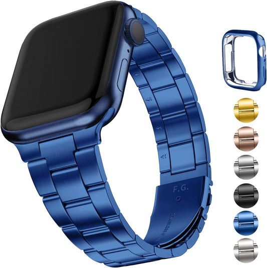 No Tools Needed Compatible Apple Watch Bands 41Mm 40Mm 38Mm,Slim Metal Link Wristband with Case for Iwatch Series 9/8/7/6/5/4/3/2/1/Se2/Se,Blue
