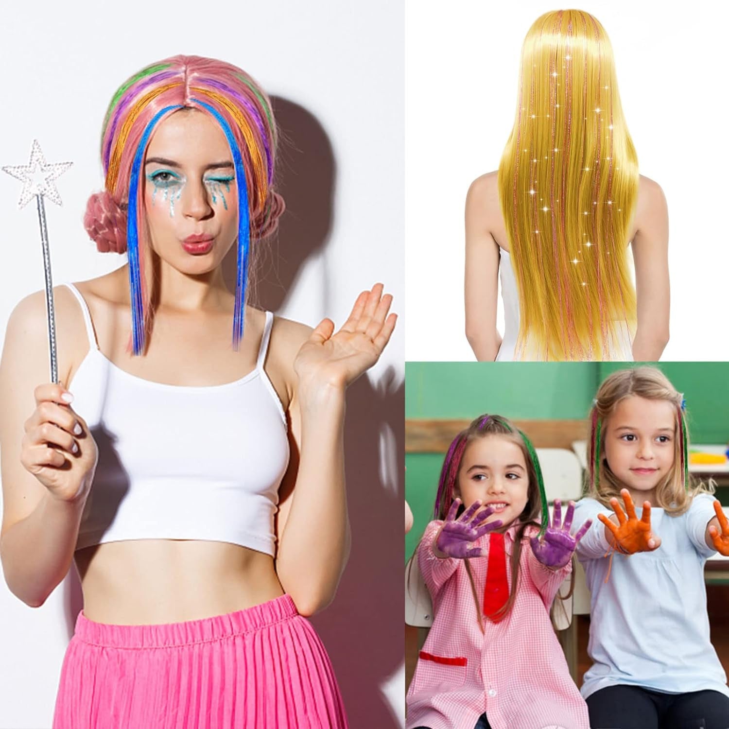 Hair Tinsel Kit with Tools and Instruction Easy to Use 1000 Strands 47 Inches Glitter Tinsel Hair Extensions for Women and Girls, Sparkling Shinny Fairy Hair Accessories for Christmas New Year Halloween Cosplay Party (Pink)