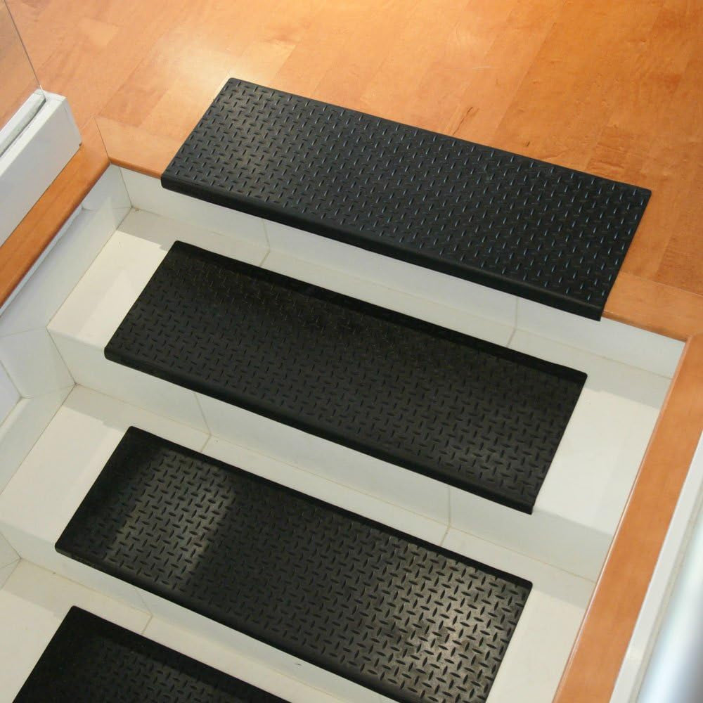 "Diamond-Plate Non-Slip Rubber Tread Stair Mats (6 Pack), Black, 9.75" X 29.75"