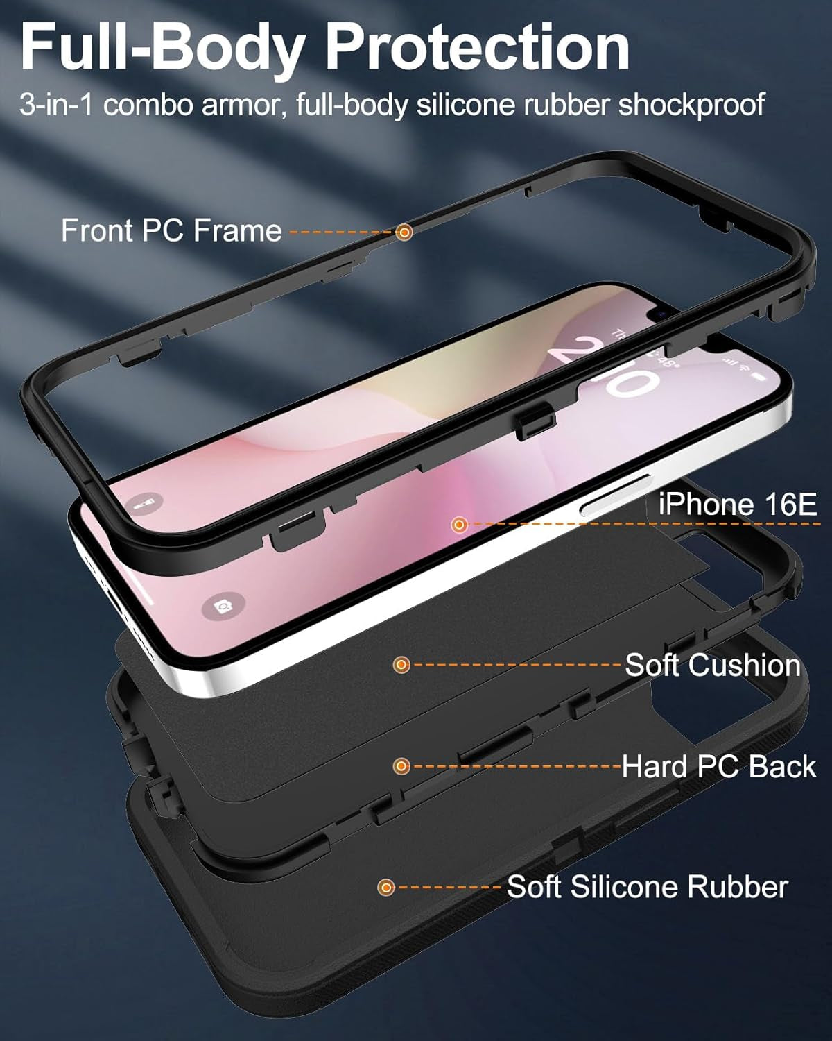 For Iphone16E Case, 16Ft Drop Protection, with Dustproof Port Cover, Full-Body Shockproof Heavy Duty Phone Case for Iphone 16E(2025), Black