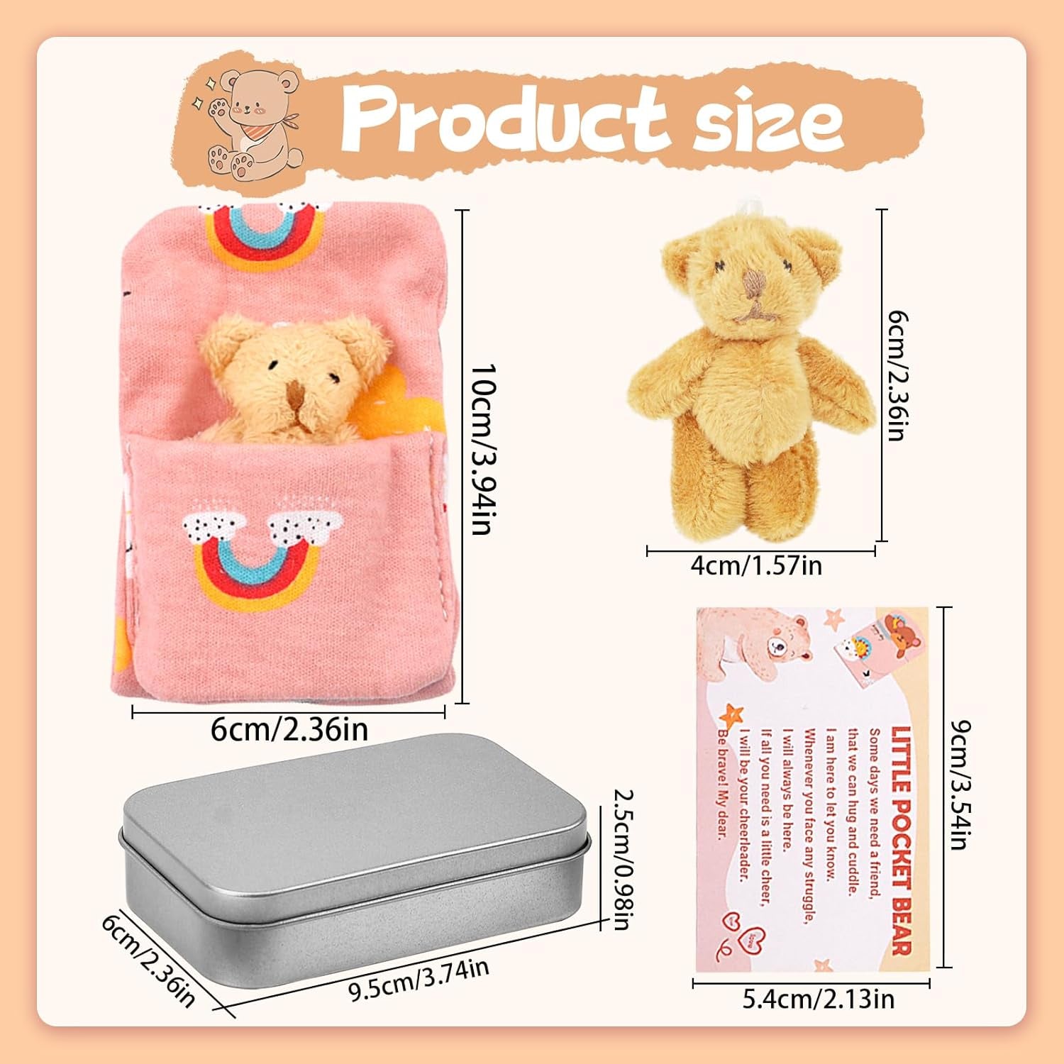 Pocket Bear in Tin Box, Pocket Hug Plush Toys, Stuffed Animad Bear Doll, Little Brown Bear, Good Luck Gifts, First Day at School Gift, Inspirational Positive Ornaments Gift for Kids Friend UK