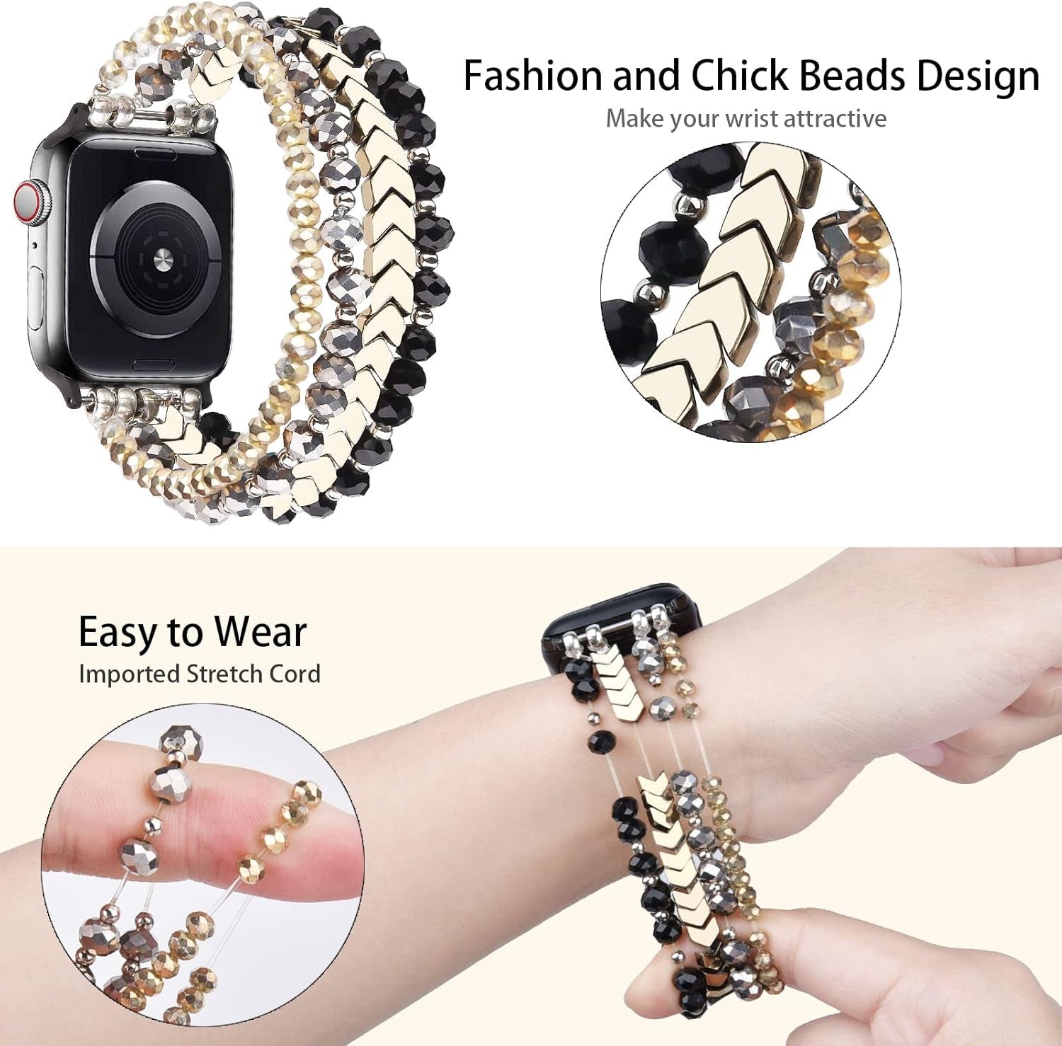 Beaded Bracelet Compatible with Apple Watch Band 38Mm/40Mm/41Mm Series 9/8/7/SE/6/5/4/3/2/1 Women Fashion Handmade Elastic Stretch Strap for Iwatch Bands Replacement Colorful