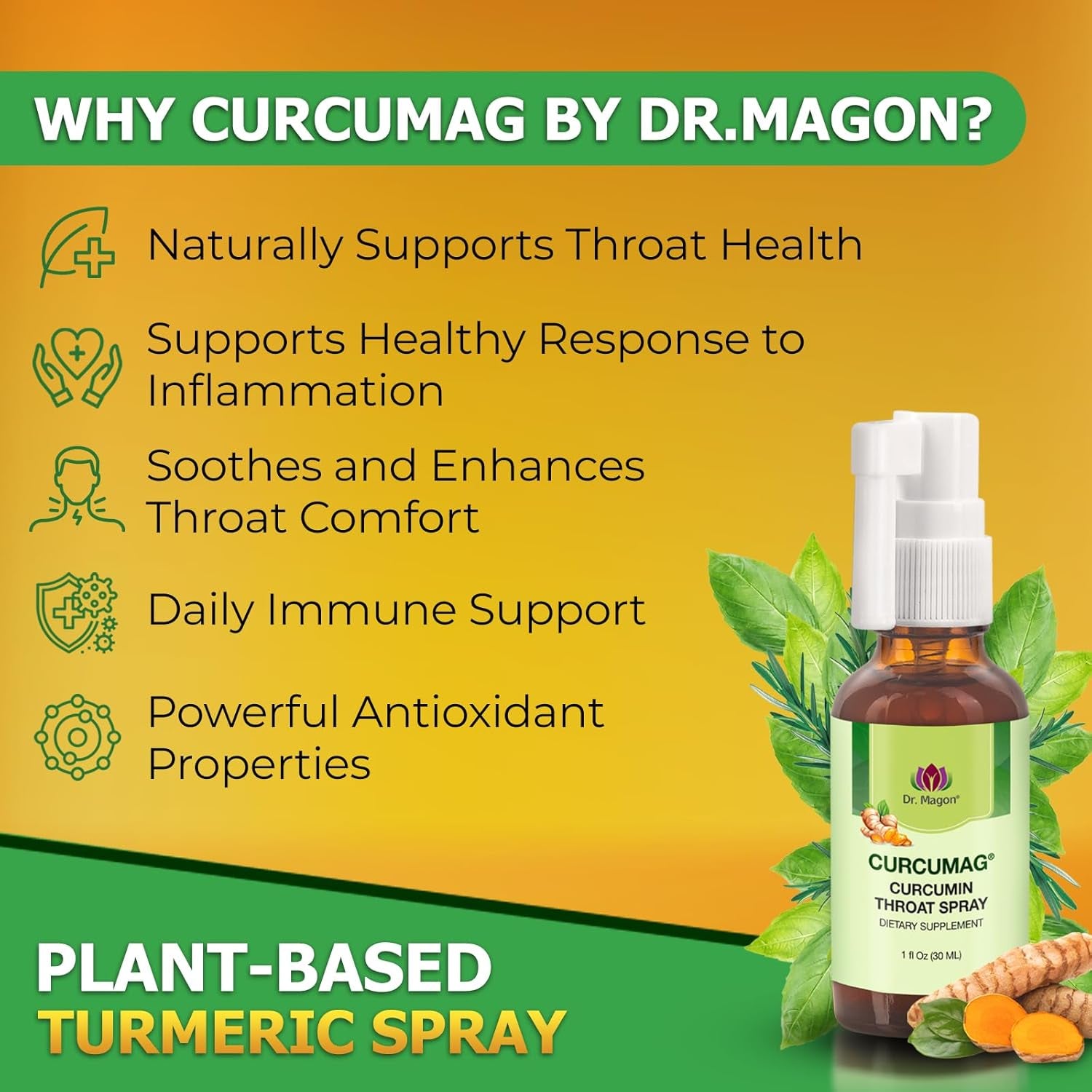 Natural Turmeric Curcumin Throat Spray by Dr. Magon, Throat Calm, Soothing Throat Spray, Immune Support, Extra Strength UC3 Clear Curcuma Longa Dry Extract, 1 Fluid Oz TLBH