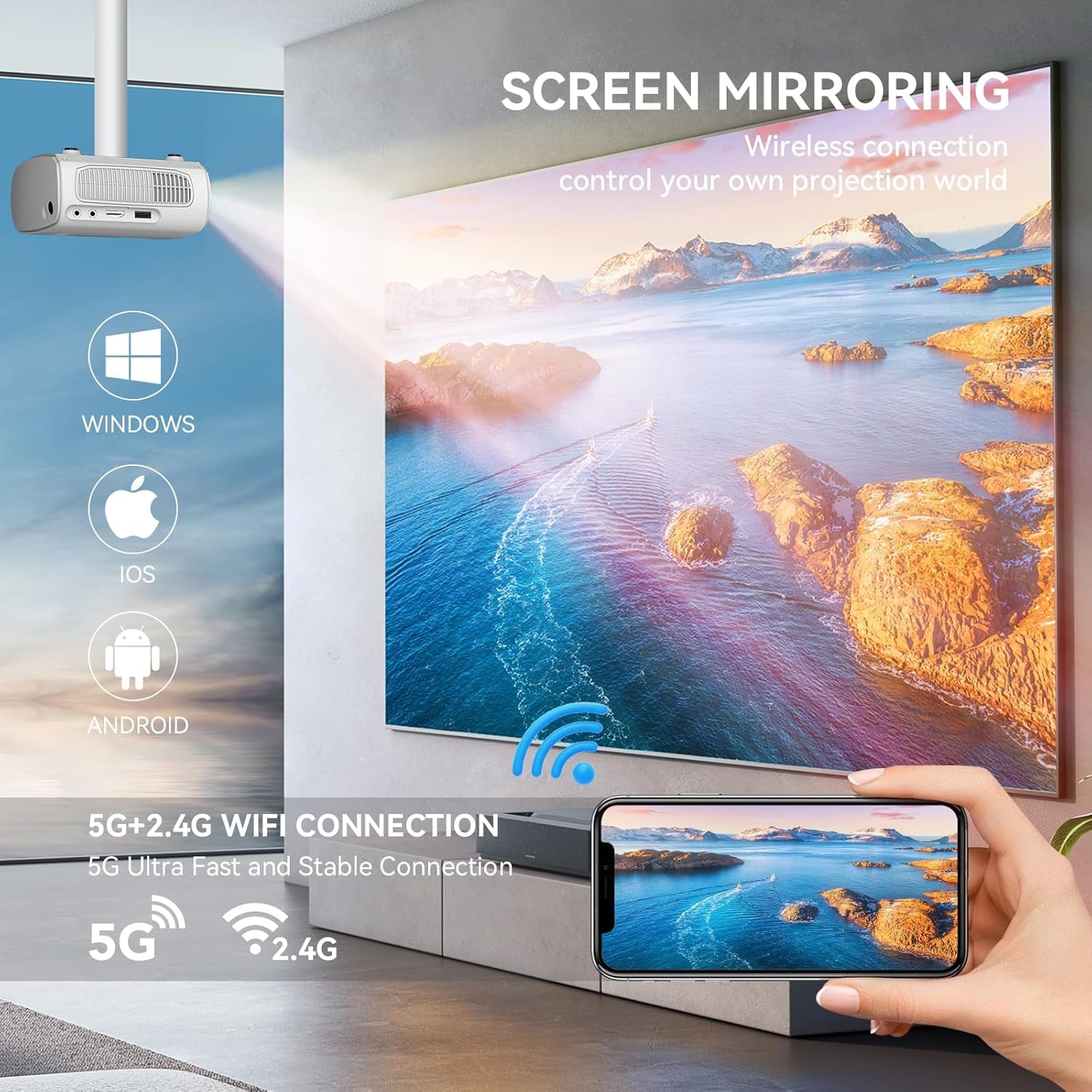 Mini Projector with Wifi Portable Projector Support 1080P 170" Mini HD Movie Projector, Outdoor Projector Compatible with Phone/ Tablet/ Laptop/ TV Stick/ PS4/ HDMI/USB - White