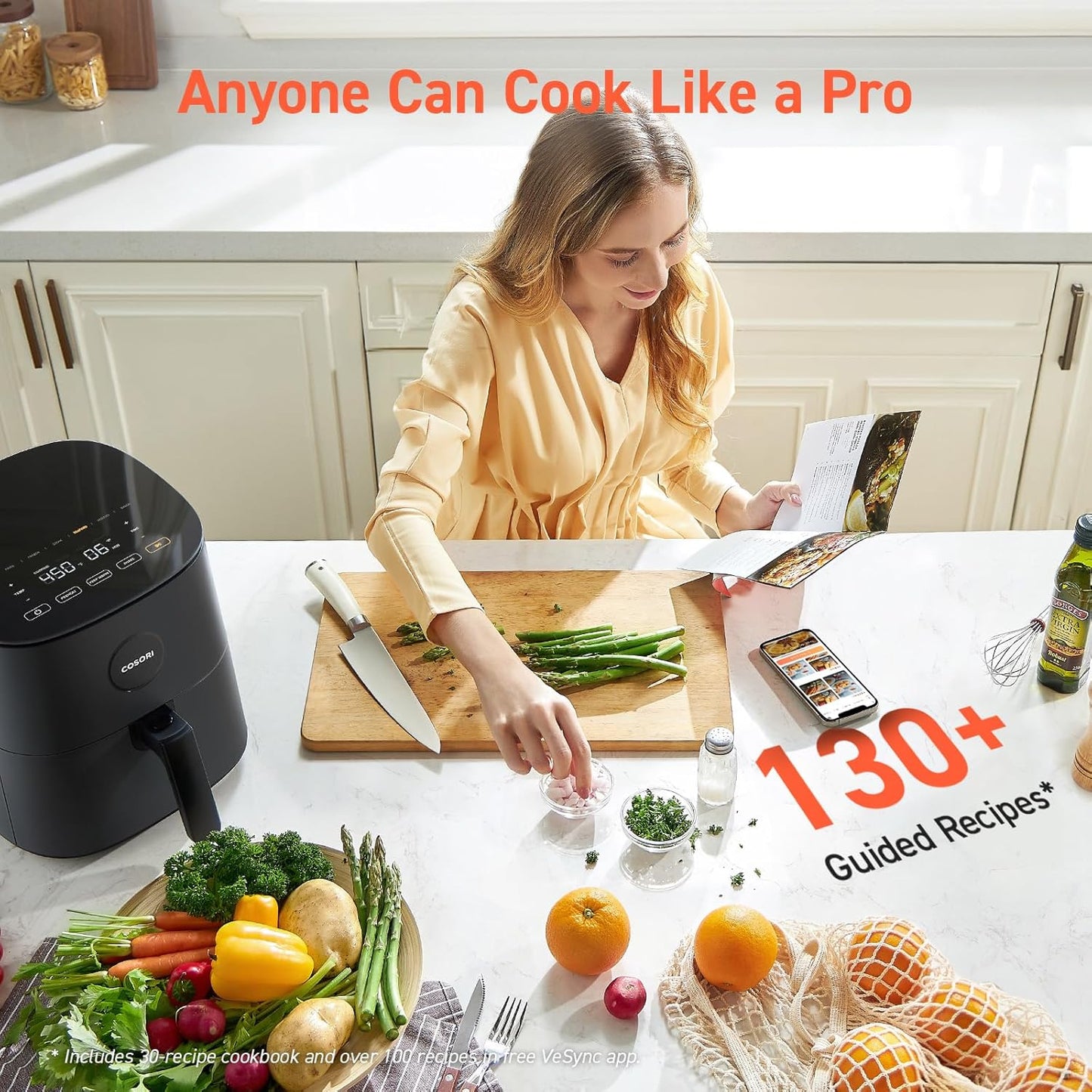 Air Fryer Pro 9-In-1, Compact 5QT, 450℉: Half Time & Chef-Grade Cook, One-Wipe Clean Glass Panel, 130+ In-App Recipes with Nutritional Info, Nonstick & Dishwasher-Safe Basket, Gray