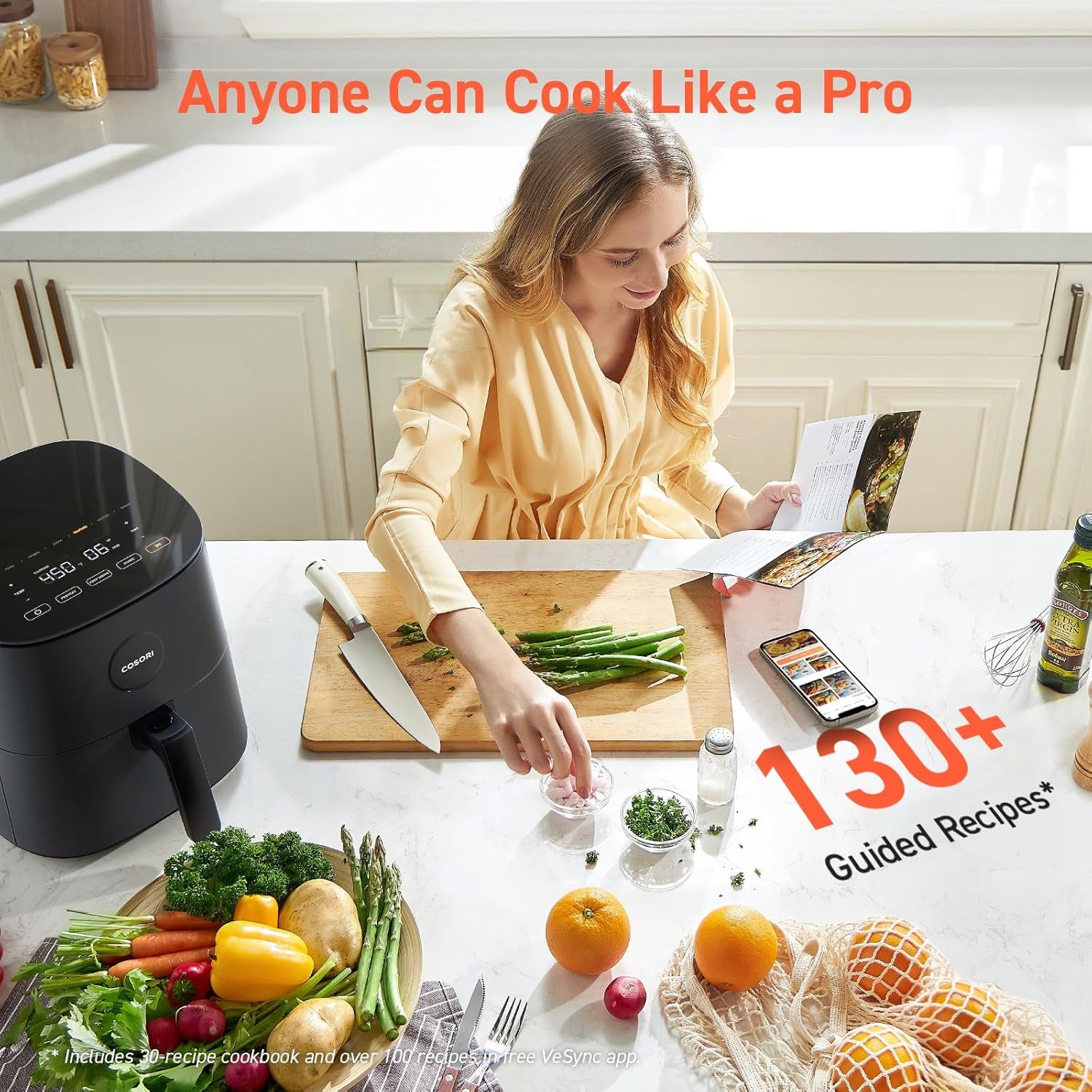 Air Fryer Pro 9-In-1, Compact 5QT, 450℉: Half Time & Chef-Grade Cook, One-Wipe Clean Glass Panel, 130+ In-App Recipes with Nutritional Info, Nonstick & Dishwasher-Safe Basket, Gray