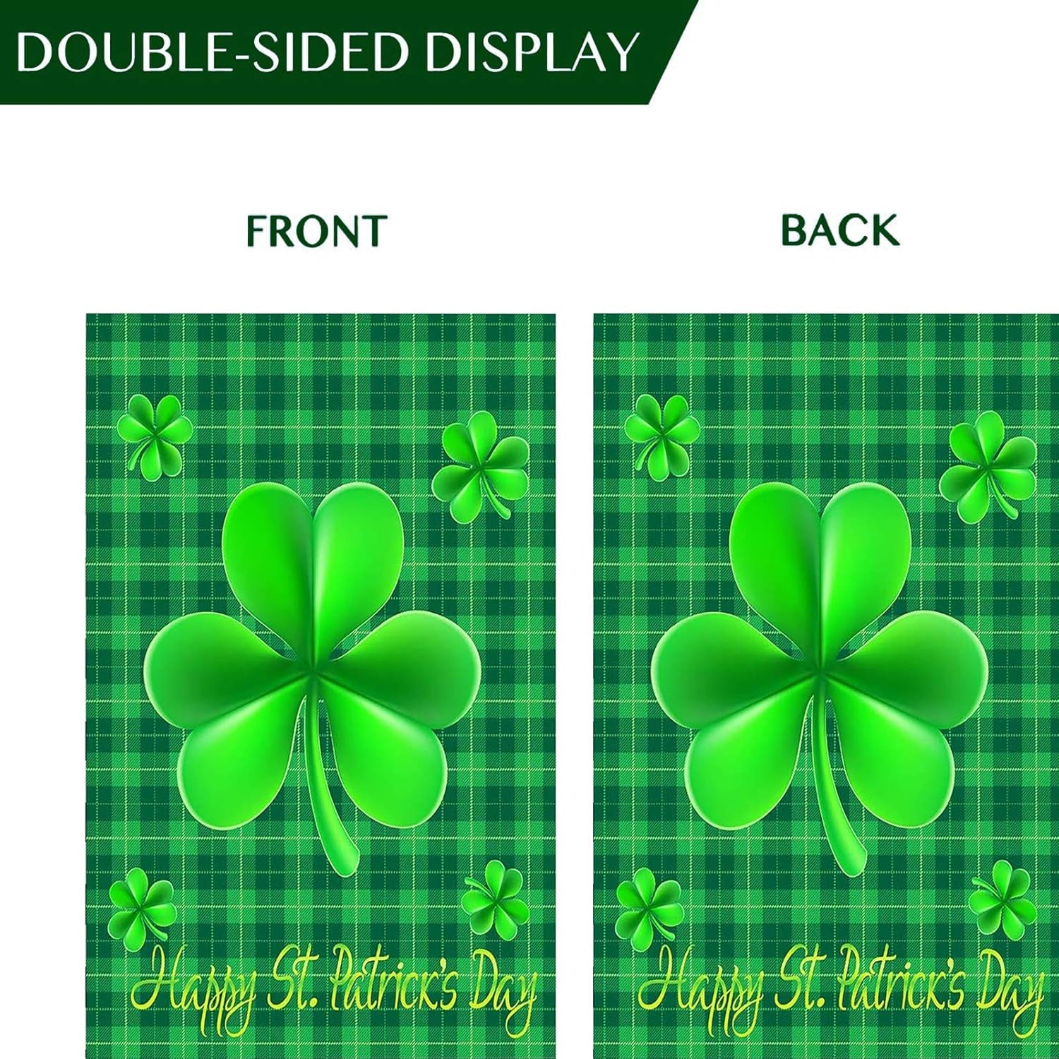 Happy St Patricks Day House Garden Flags,Shamrock Buffalo Check Plaid Rustic Burlap Yard Sign Decorations,Spring Banners for Outdoor 12 X 18 Inch Double Sided (Green)