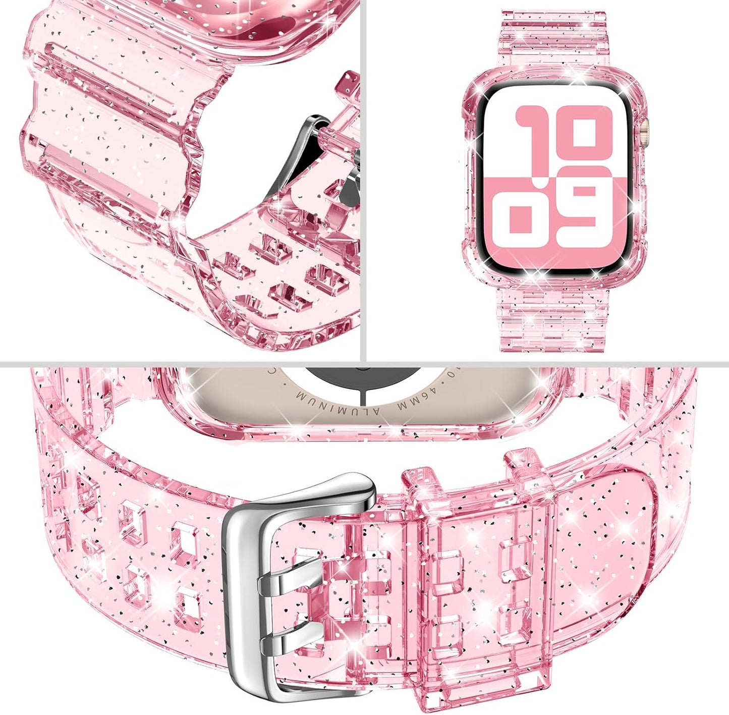 Compatible for Clear Apple Watch Band with Bumper Case, Women Men Glitter Bling TPU Sport Strap for Iwatch SE Ultra Series 10 9 8 7 6 5 4 3 2 1
