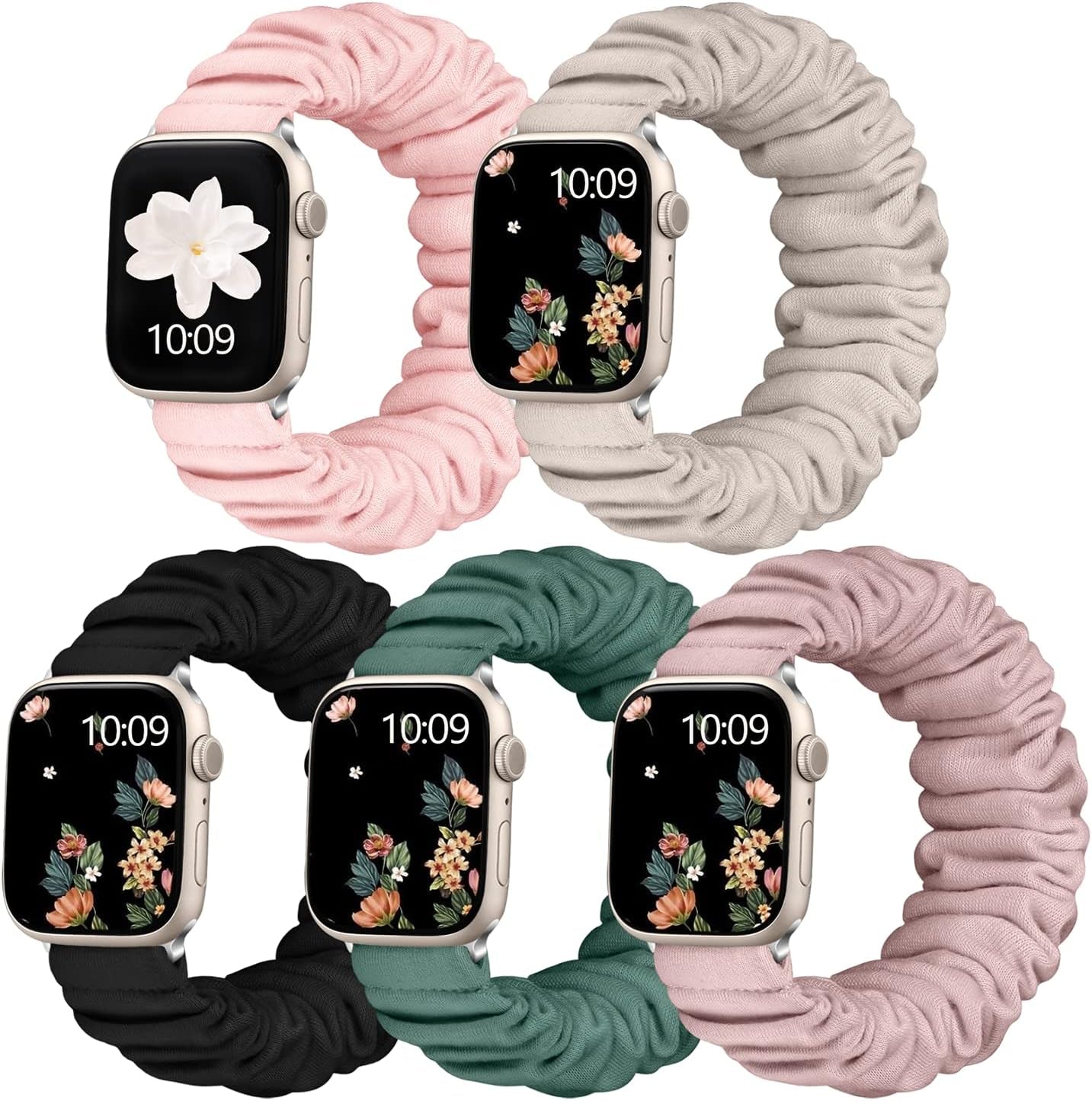 5 Pack Scrunchie Bands Compatible with Apple Watch Band 38Mm 40Mm 41Mm 42Mm 44Mm 45Mm 49Mm for Women, Cute Fabric Scrunchy Adjustable Elastic Strap for Iwatch SE Ultra Series 8 7 6 5 4 3 2 1