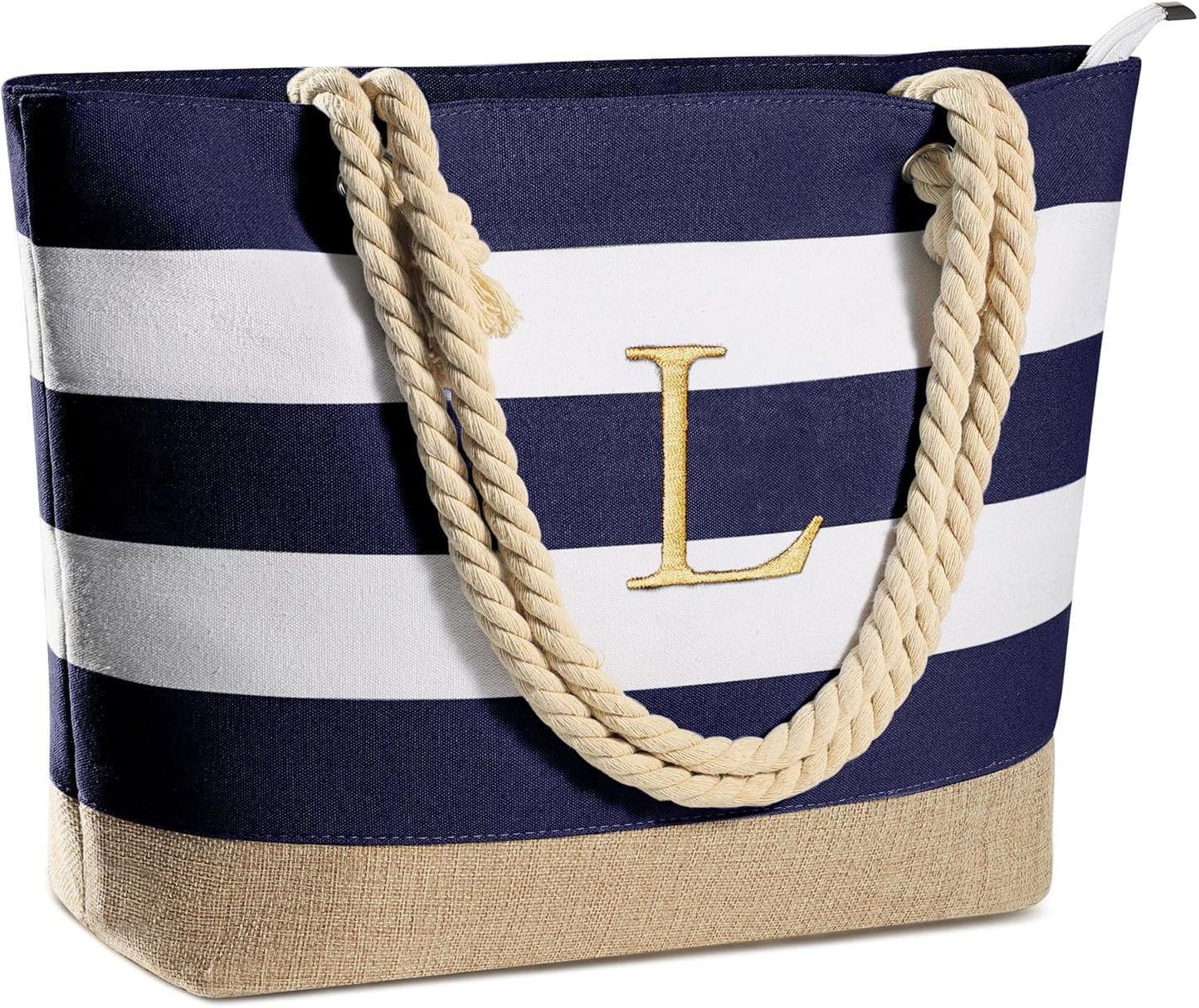 Initial Canvas Waterproof Beach Tote Bag Zipper Personalized Gifts for Women Her Birthday Travel Beach Essential