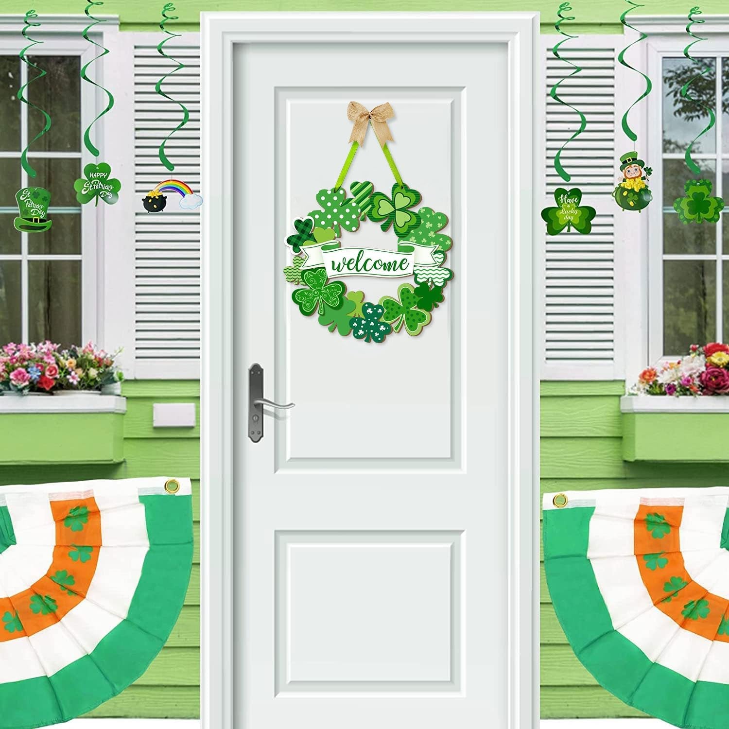 St. Patrick'S Day Shamrock Door Sign, Shamrocks Welcome Wooden Hanging Sign Lucky Irish Ornament Wood Wreath for Happy St. Patrick'S Day Party Front Door Wall Home Decorations with Rope and Bow