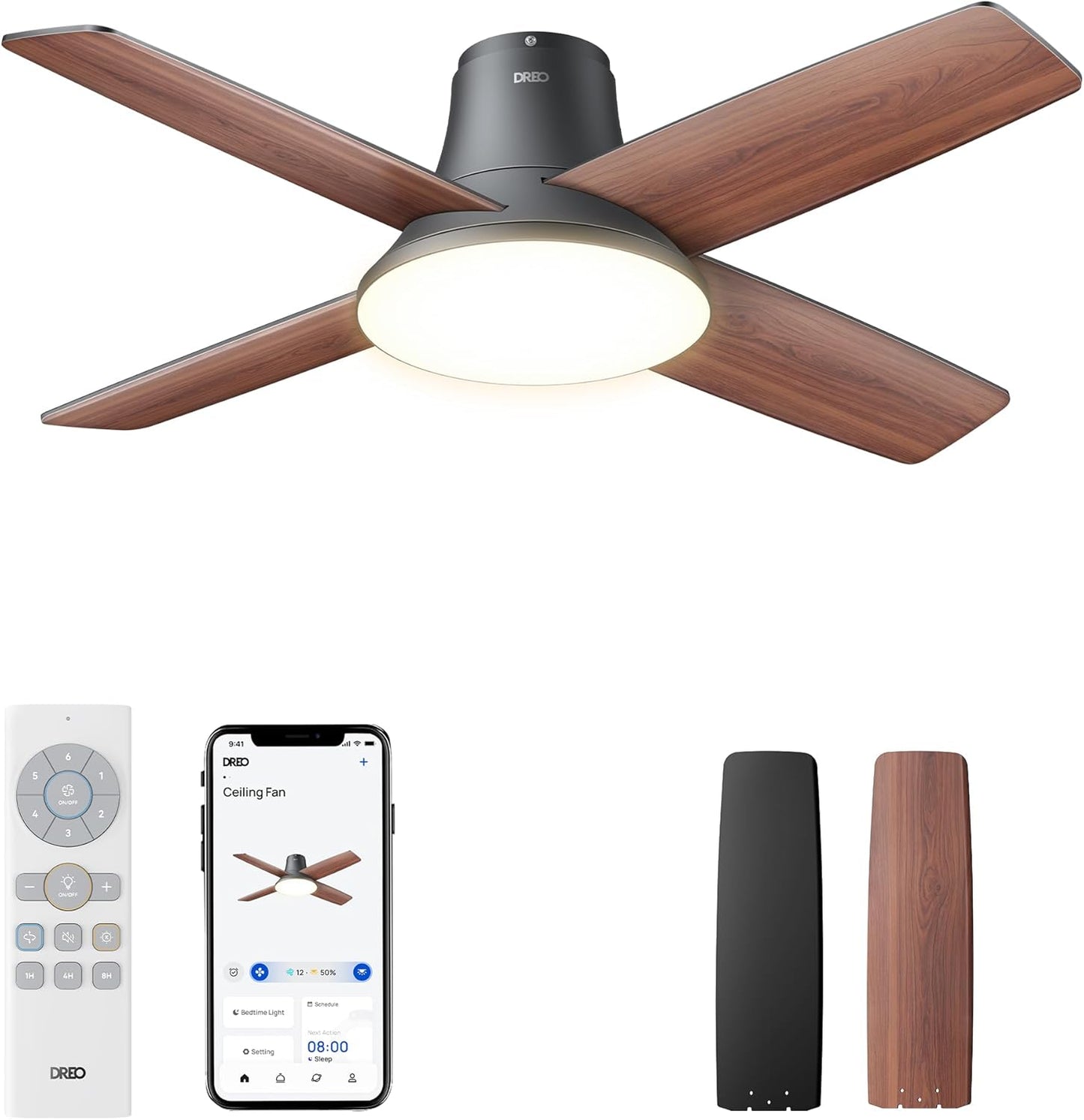 Smart Ceiling Fans with Lights and Remote, 12 Speeds & 3 Fan Modes, Quiet DC Motor, Easy to Install, Dimmable LED Ceiling Fans with App/Alexa Control, 12H Timer for Home, Indoor, Black, 44''