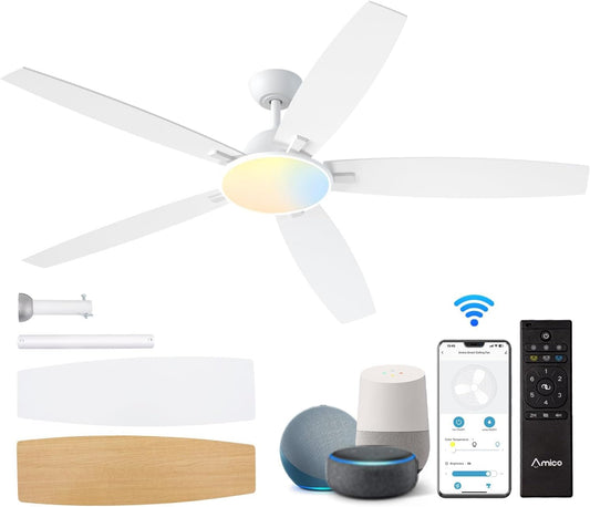 Ceiling Fans with Lights, 52'' Smart Ceiling Fan with Remote Control, Reversible DC Motor, 5 Blades, 6 Speeds, 3CCT, Dimmable, Noiseless, Alexa White Ceiling Fan for Bedroom, Kitchen, Farmhouse