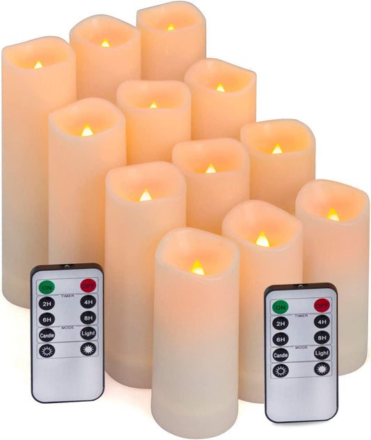 Flameless LED Candles with 10-Key Remote & Timer, Outdoor Indoor Waterproof Battery Operated Candles for Home/Birthday/Wedding/Holiday Décor, Exquisite Set of 12 (D2.2'' X H4''/5''/6''/7'')