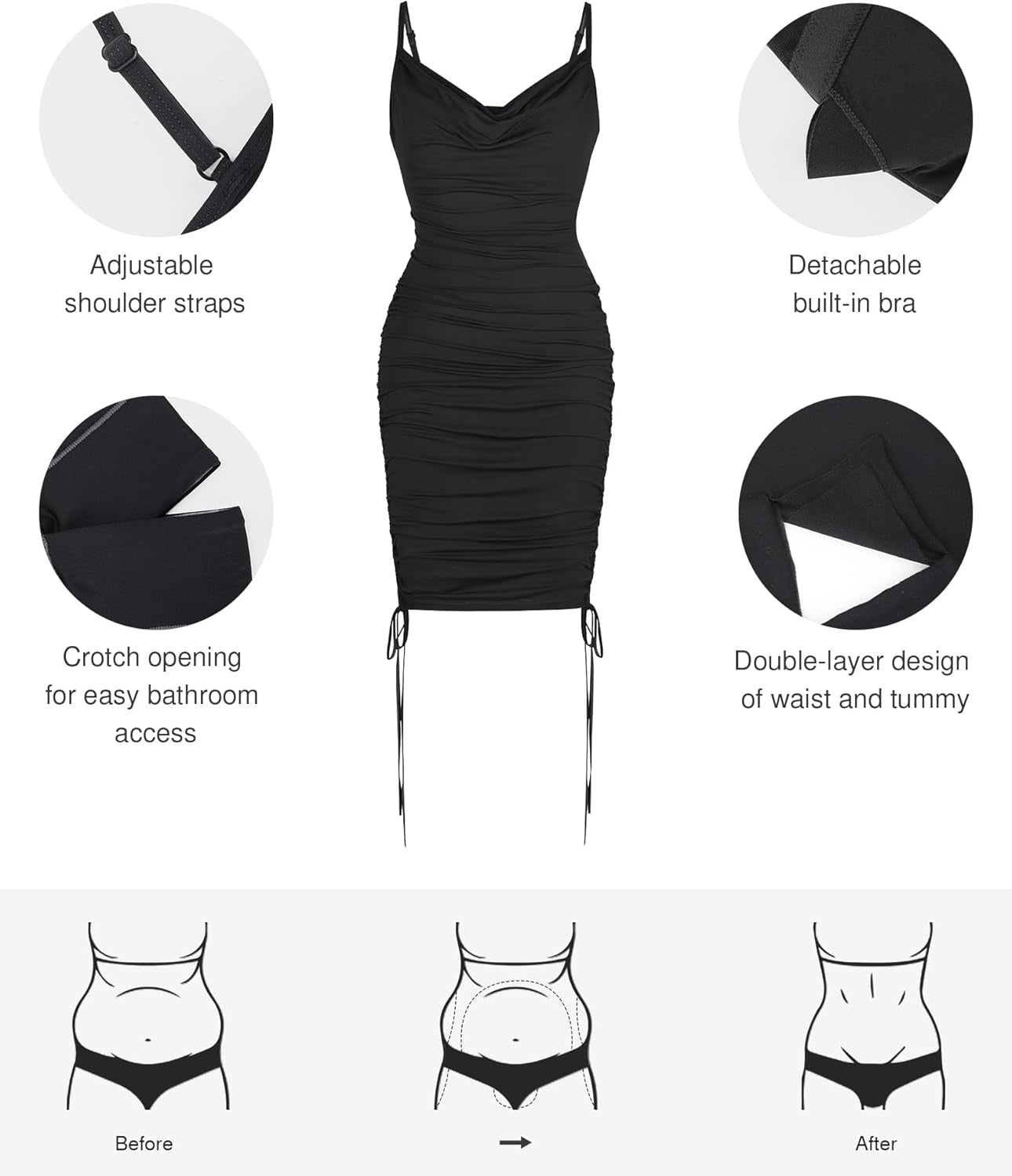 Shapewear Dress Mini Dress Tummy Control Drawstring Adjustable Dress Ruched Bodycon Dress for Women